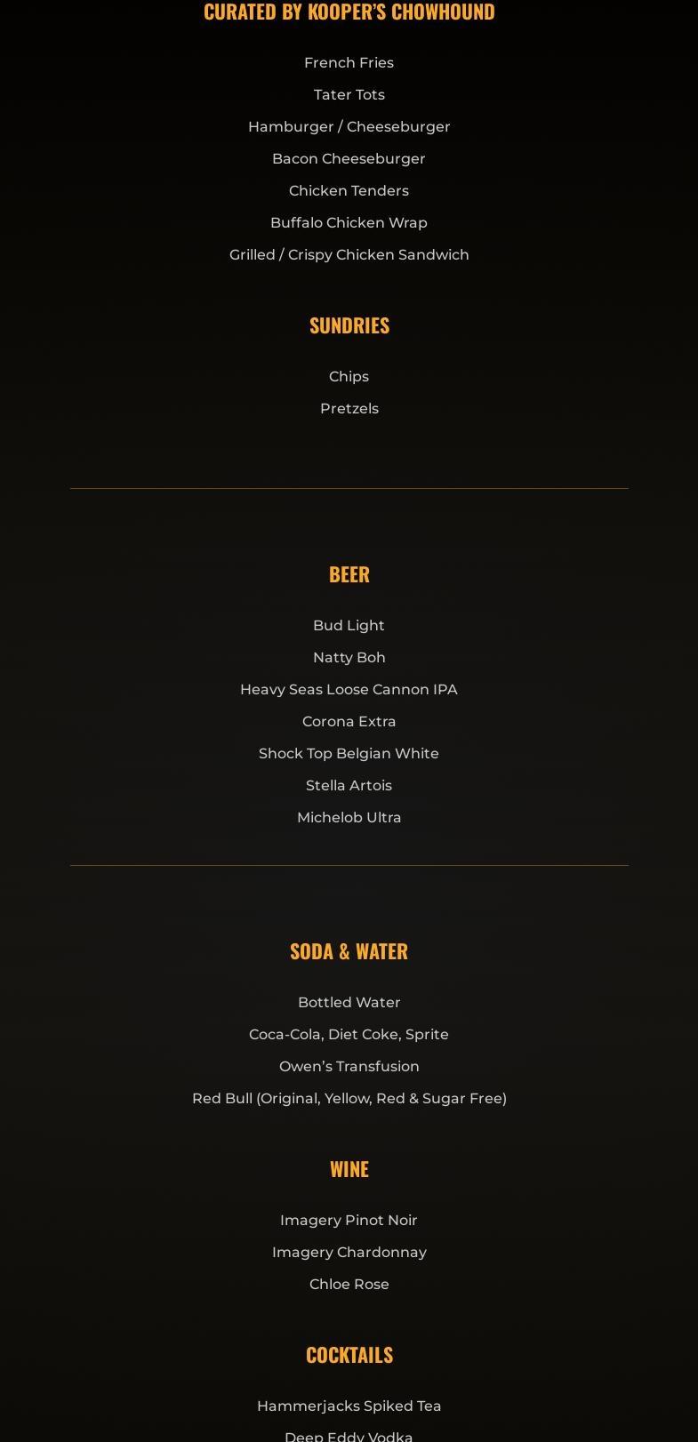 HAMMERJACKS Menu