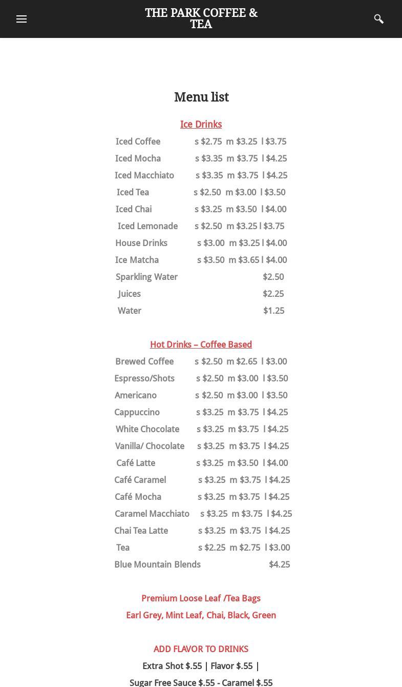 The Park Coffee and Tea Menu