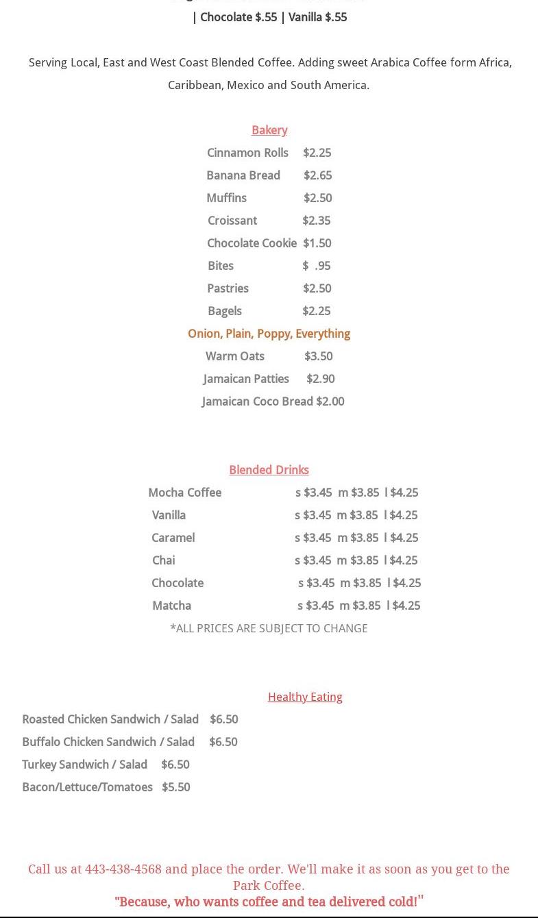 The Park Coffee and Tea Menu