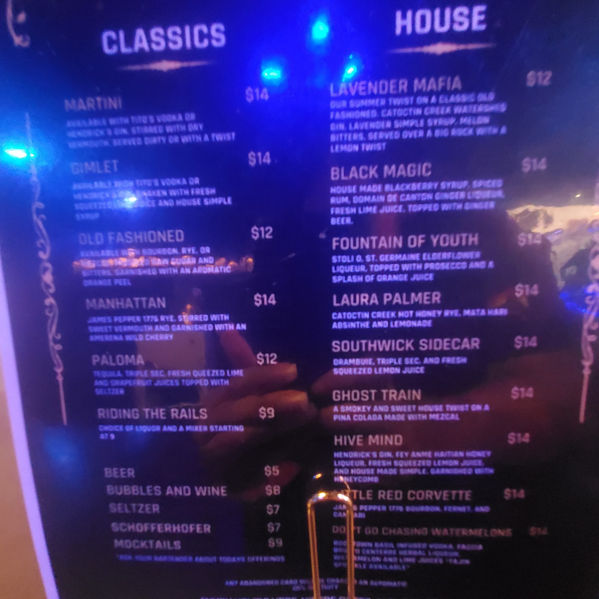 The Club Car Menu