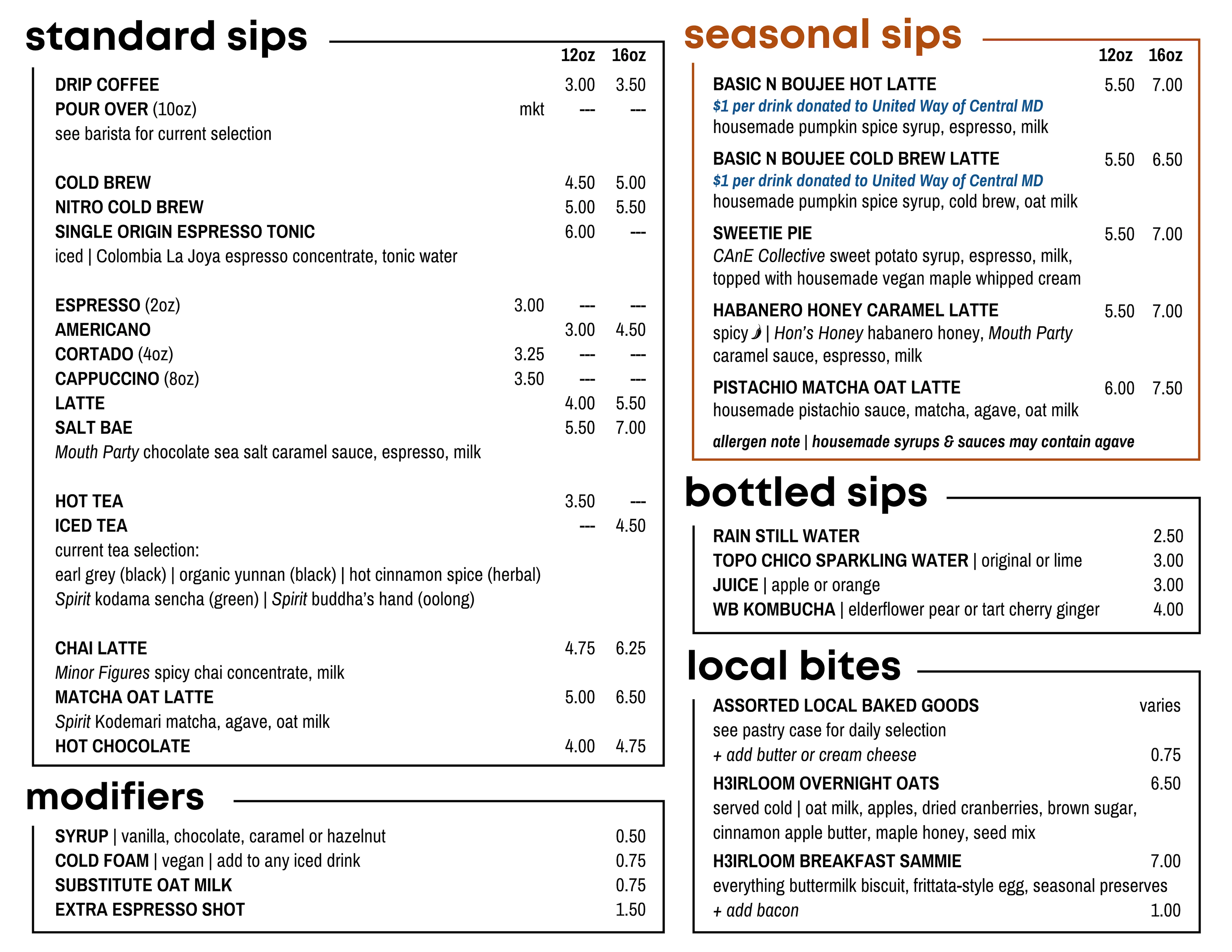 Black Acres Roastery - Open Works Menu