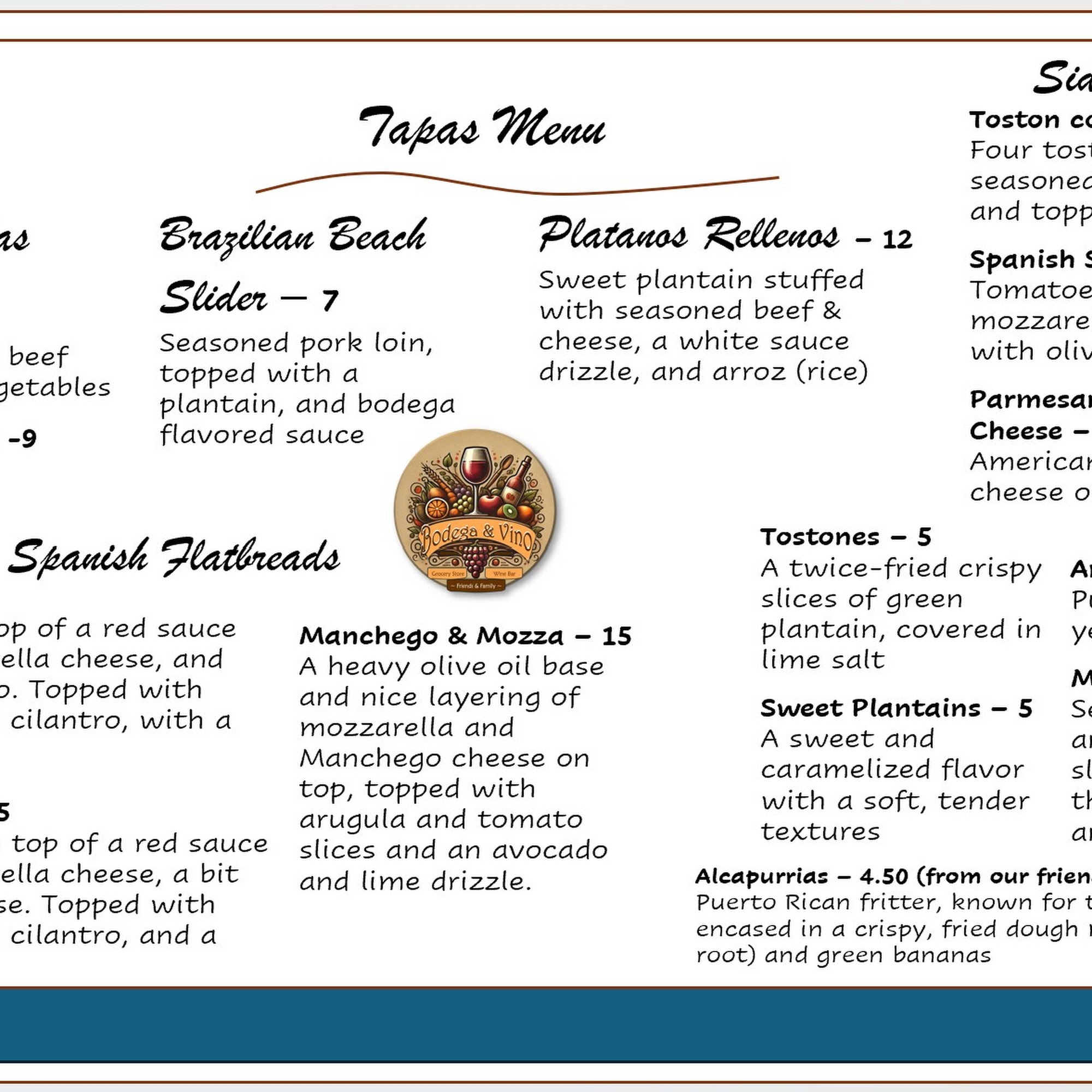 Bodega and Vino Menu