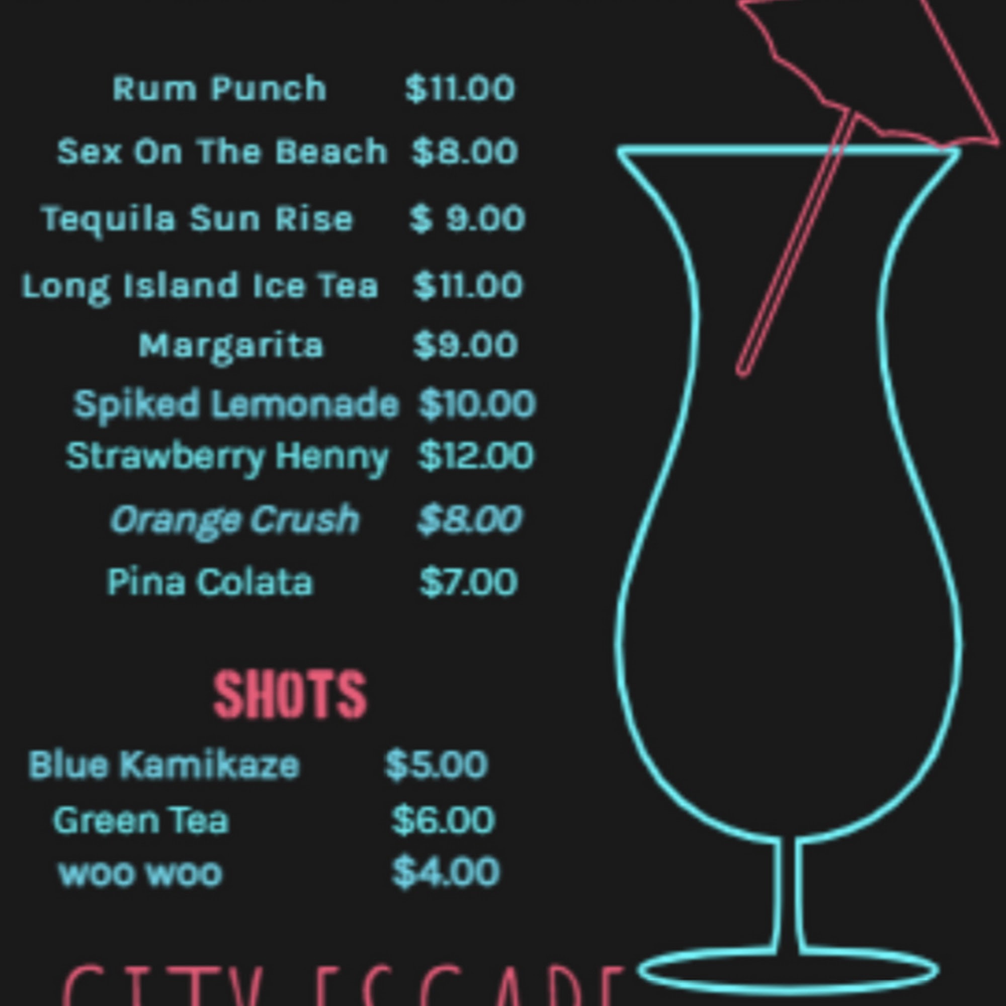 City Escape Bar & Lounge Menu