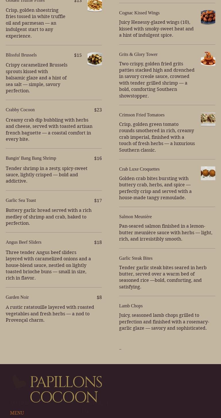 Papillons Cocoon Menu