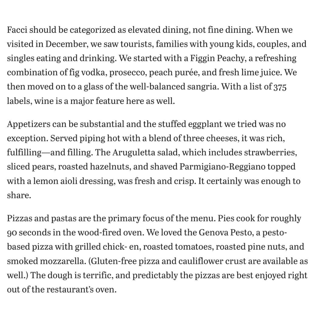 Facci Baltimore Menu
