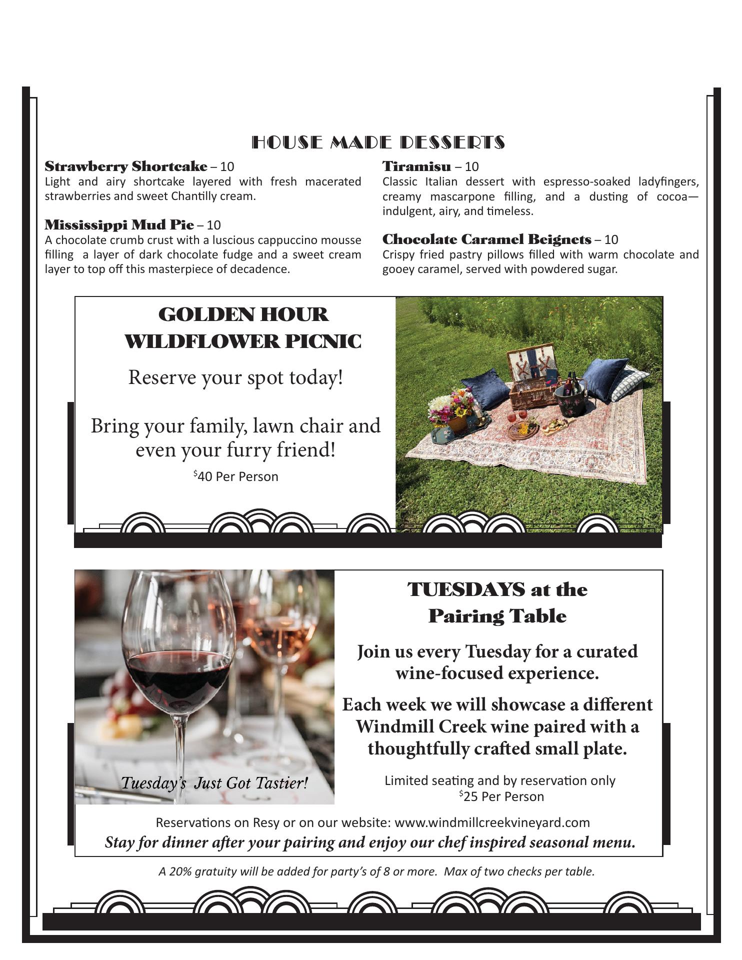 Windmill Creek Vineyard & Winery Menu