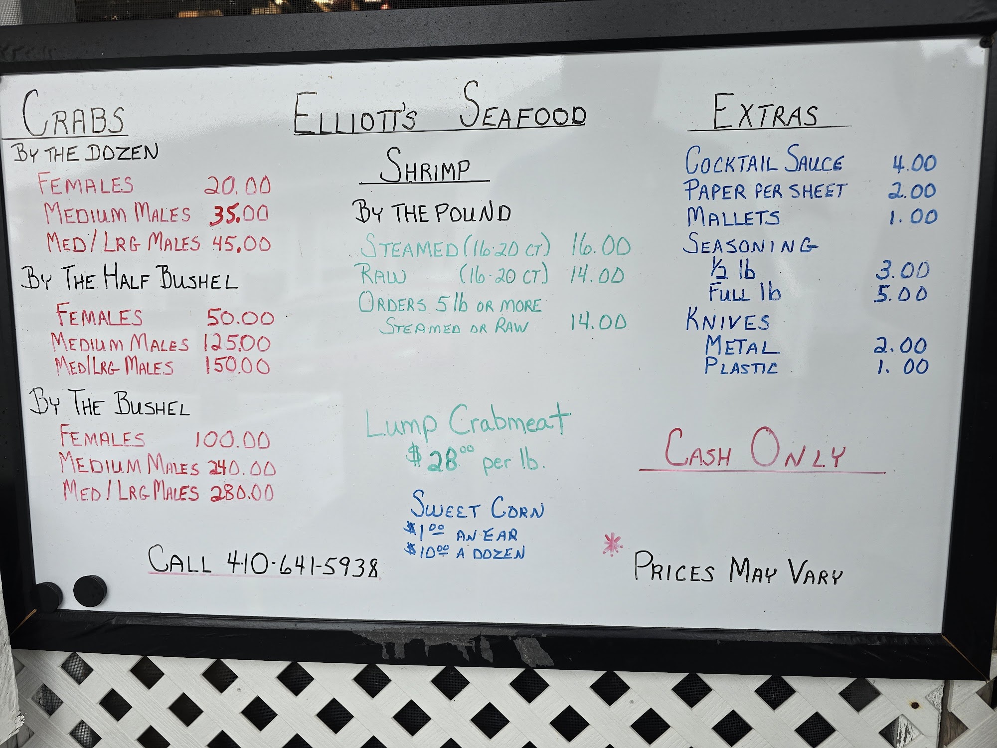 Elliott’s Seafood Menu