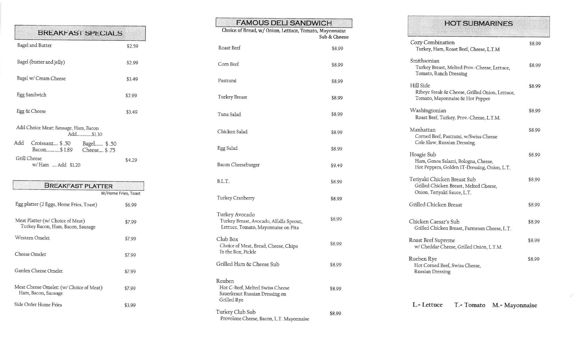 Cozy Deli Menu