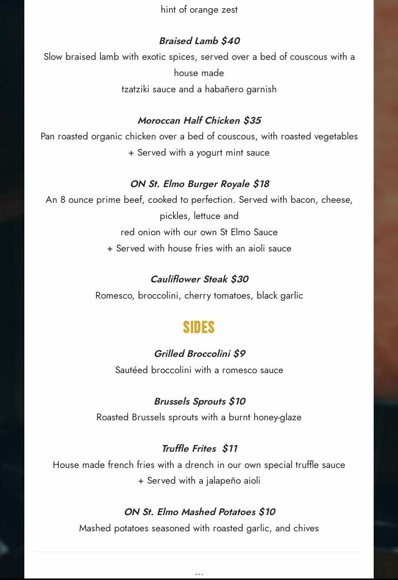 ON St. Elmo Menu