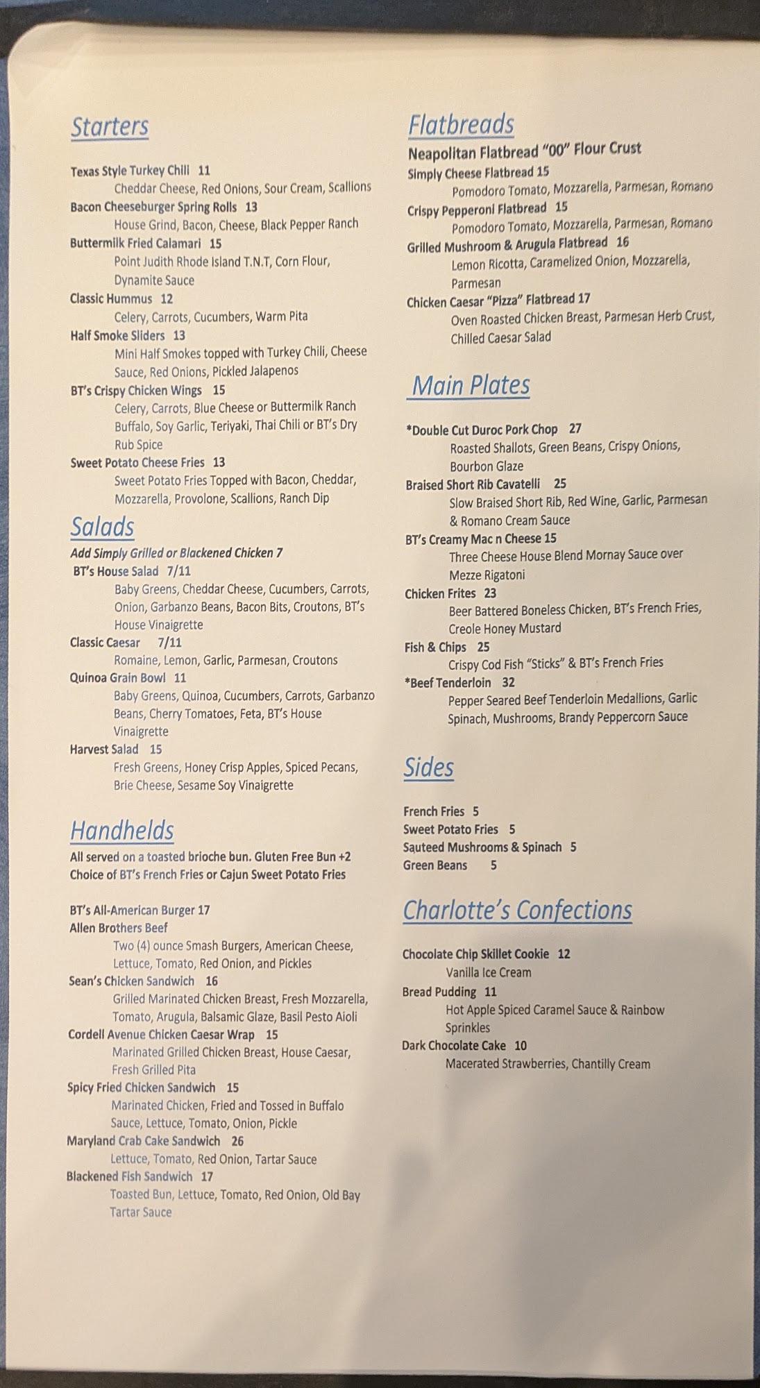 BT’s Bethesda Menu