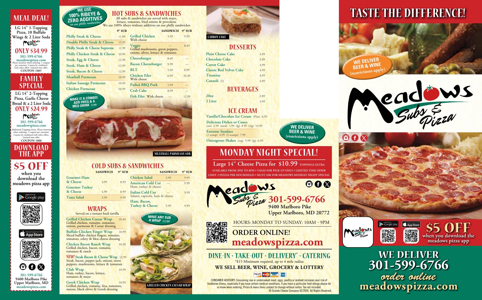 Meadow's Subs & Pizza - Brandywine Menu