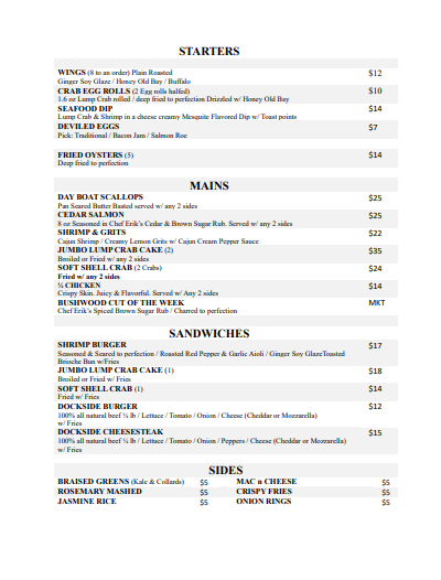 Bushwood Dockside Grill Menu