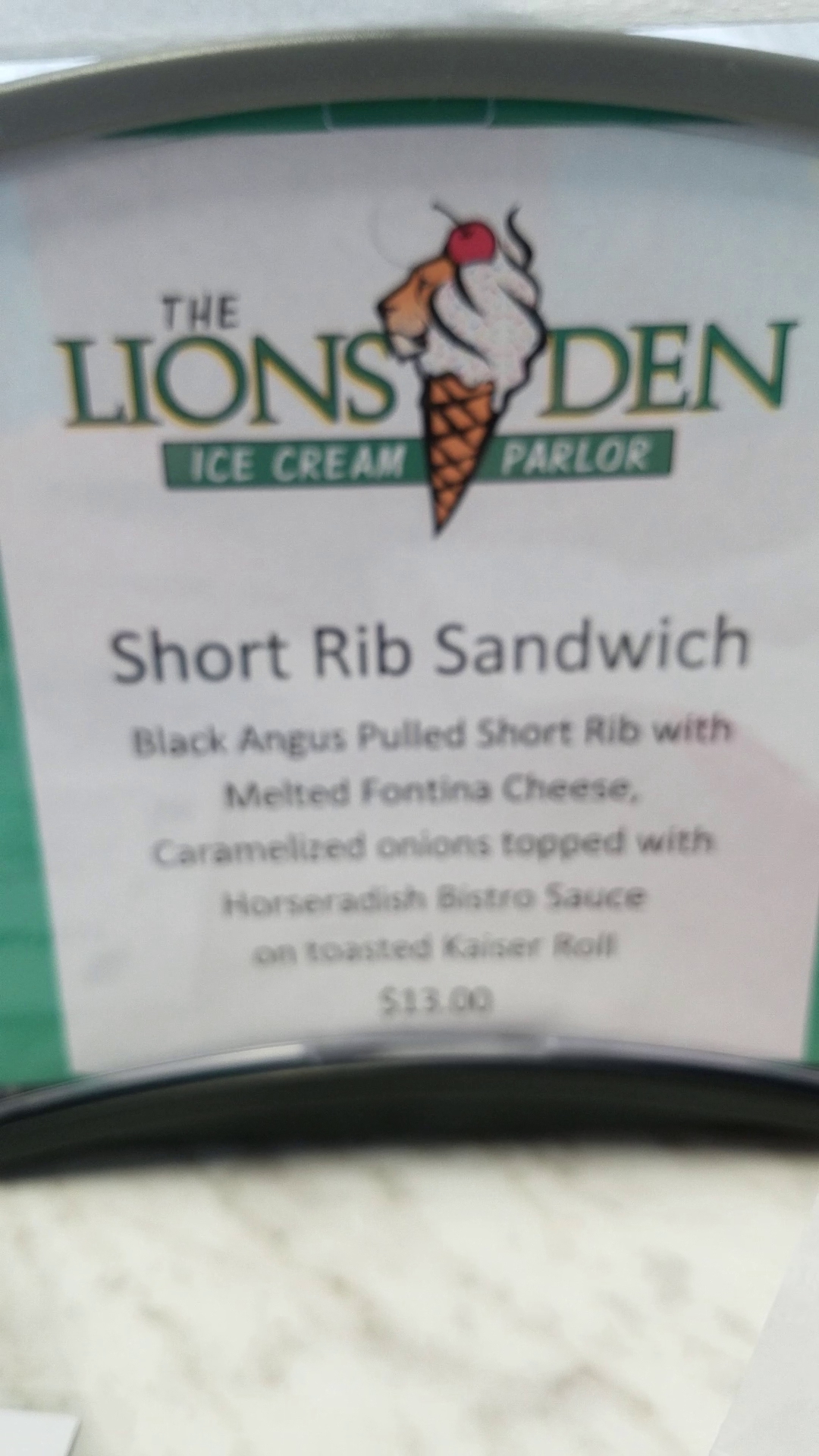 The Lion's Den Ice Cream Parlor & Diner Menu