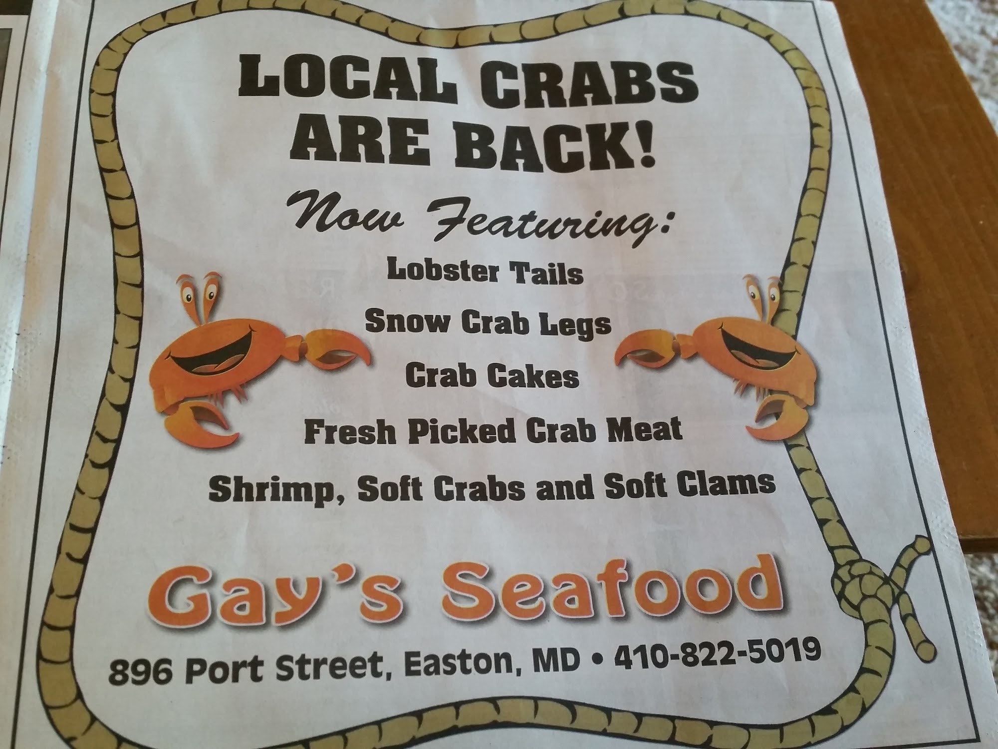 Gay's Seafood Menu