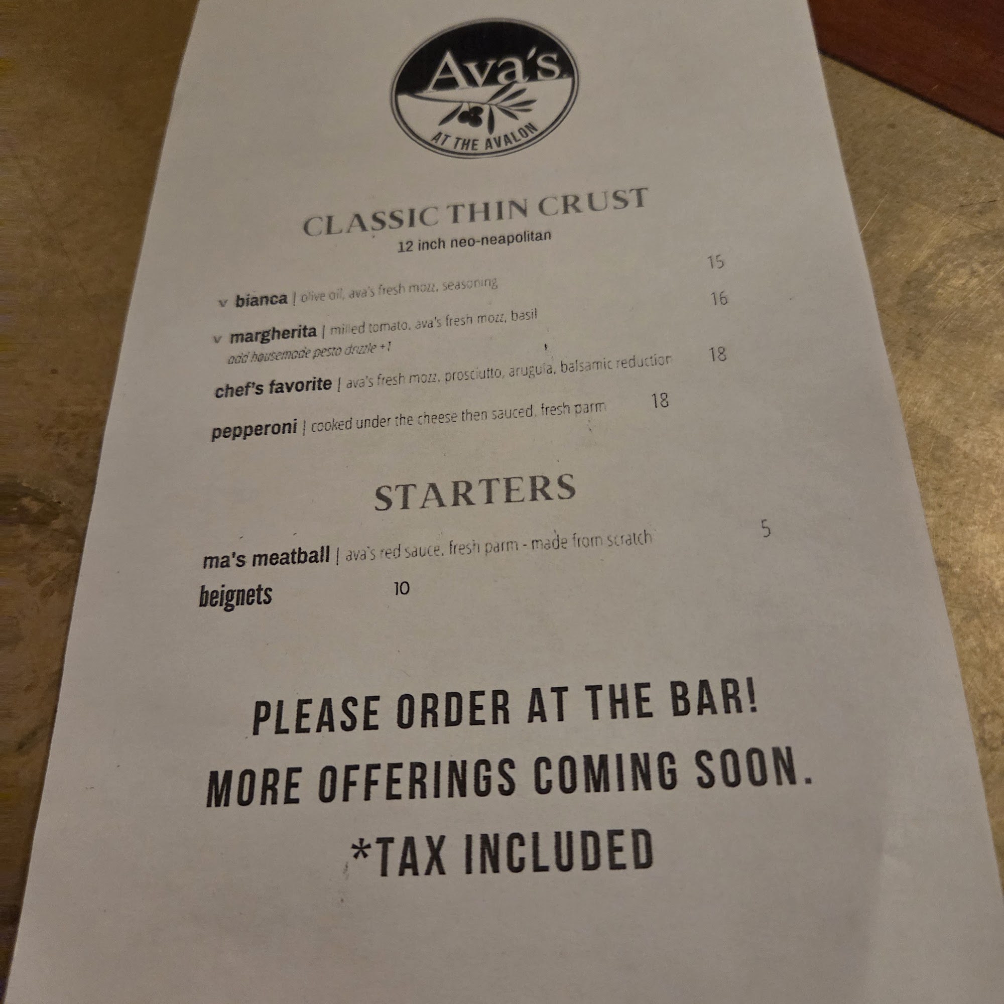 Avalon Corner Menu