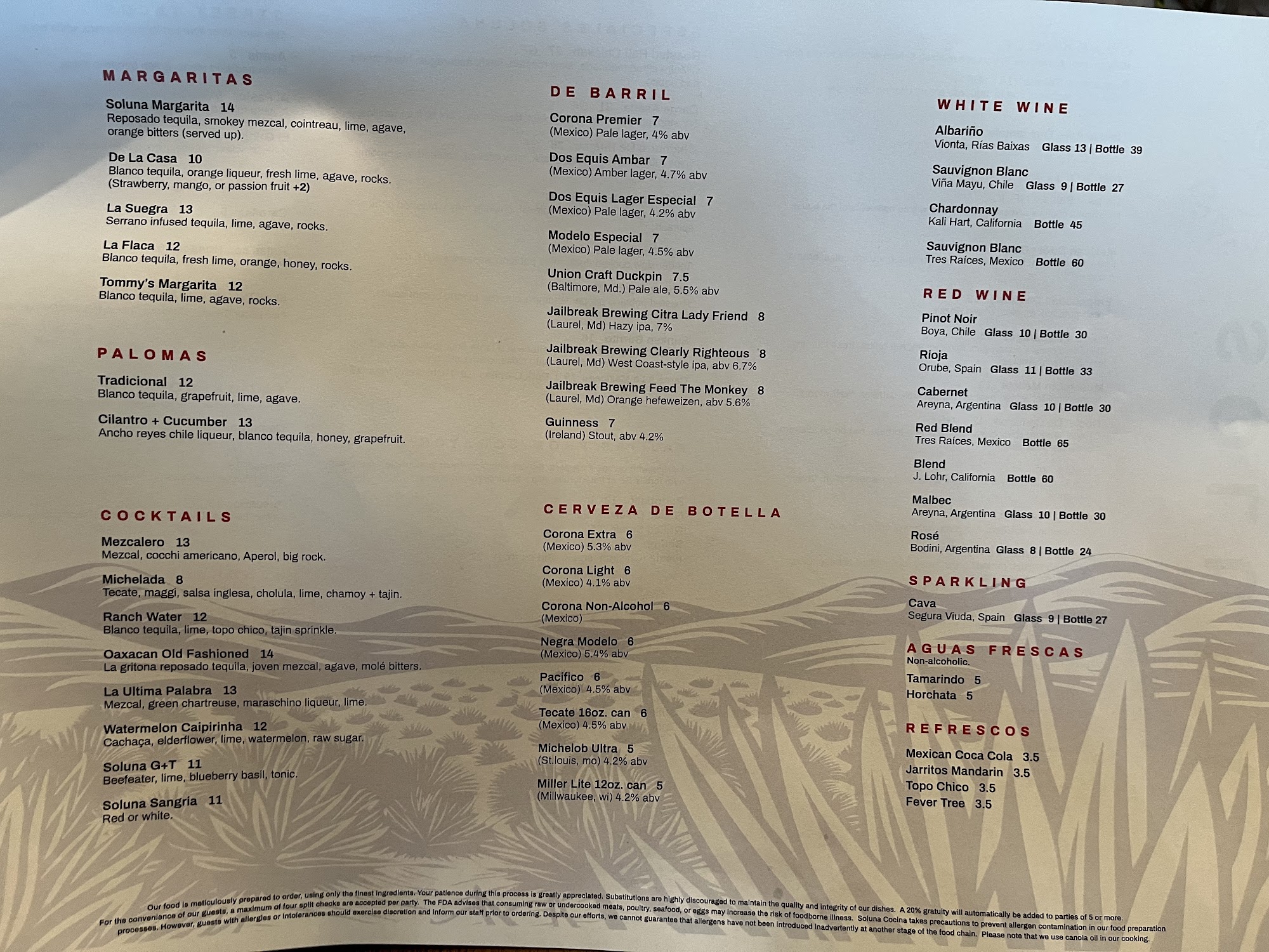 Soluna Cocina + Tequila Bar Menu