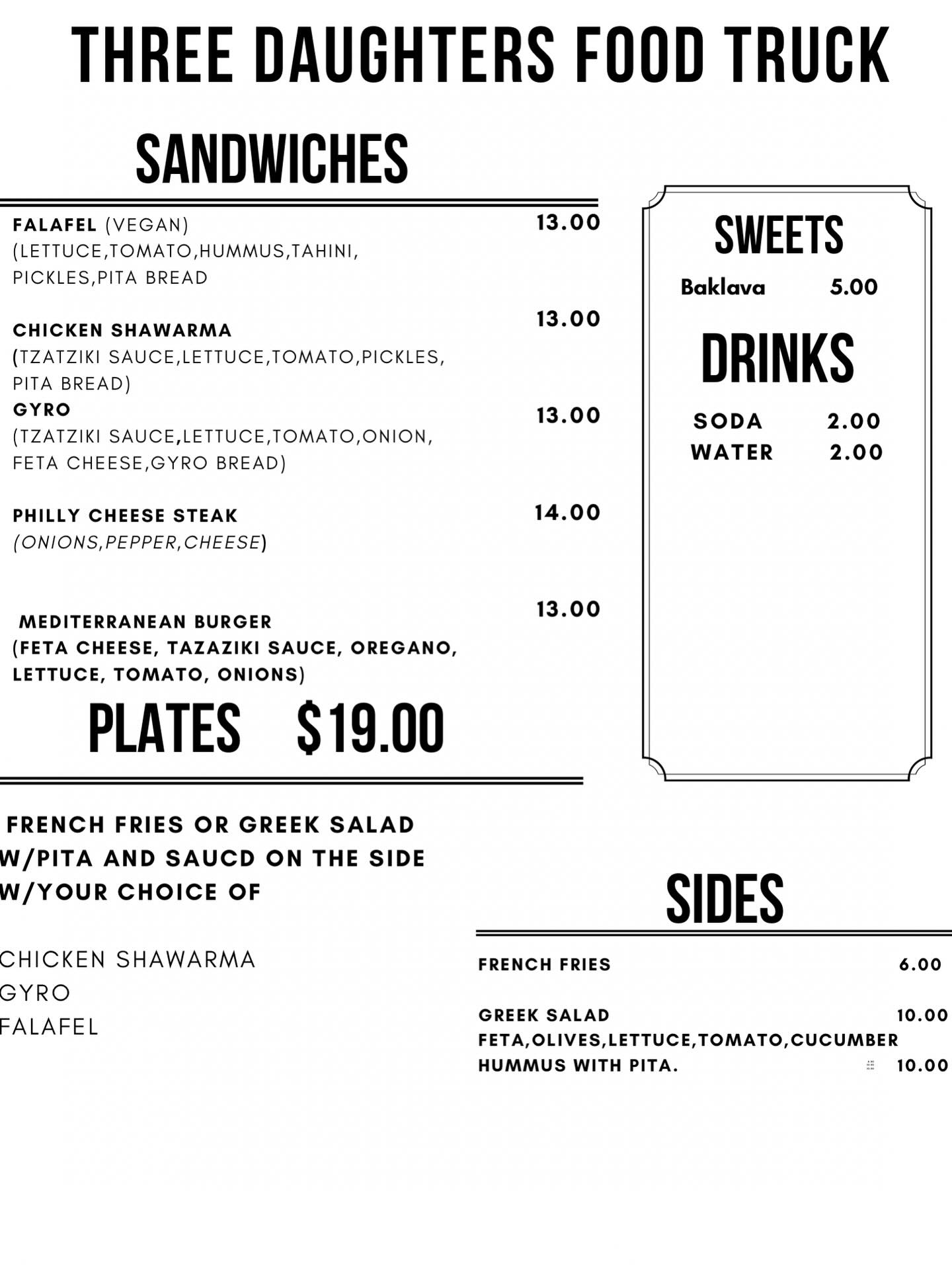 Three Daughter food truck Menu
