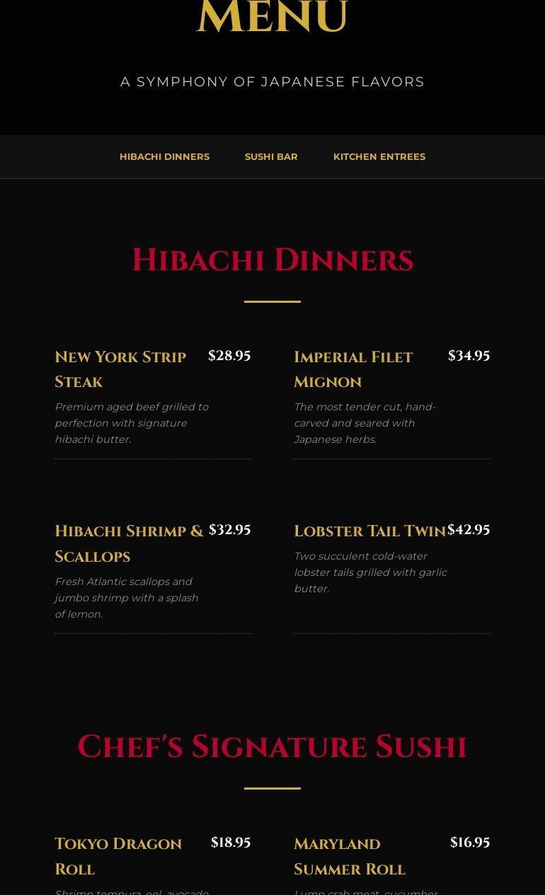 Tokyo Hibachi Menu