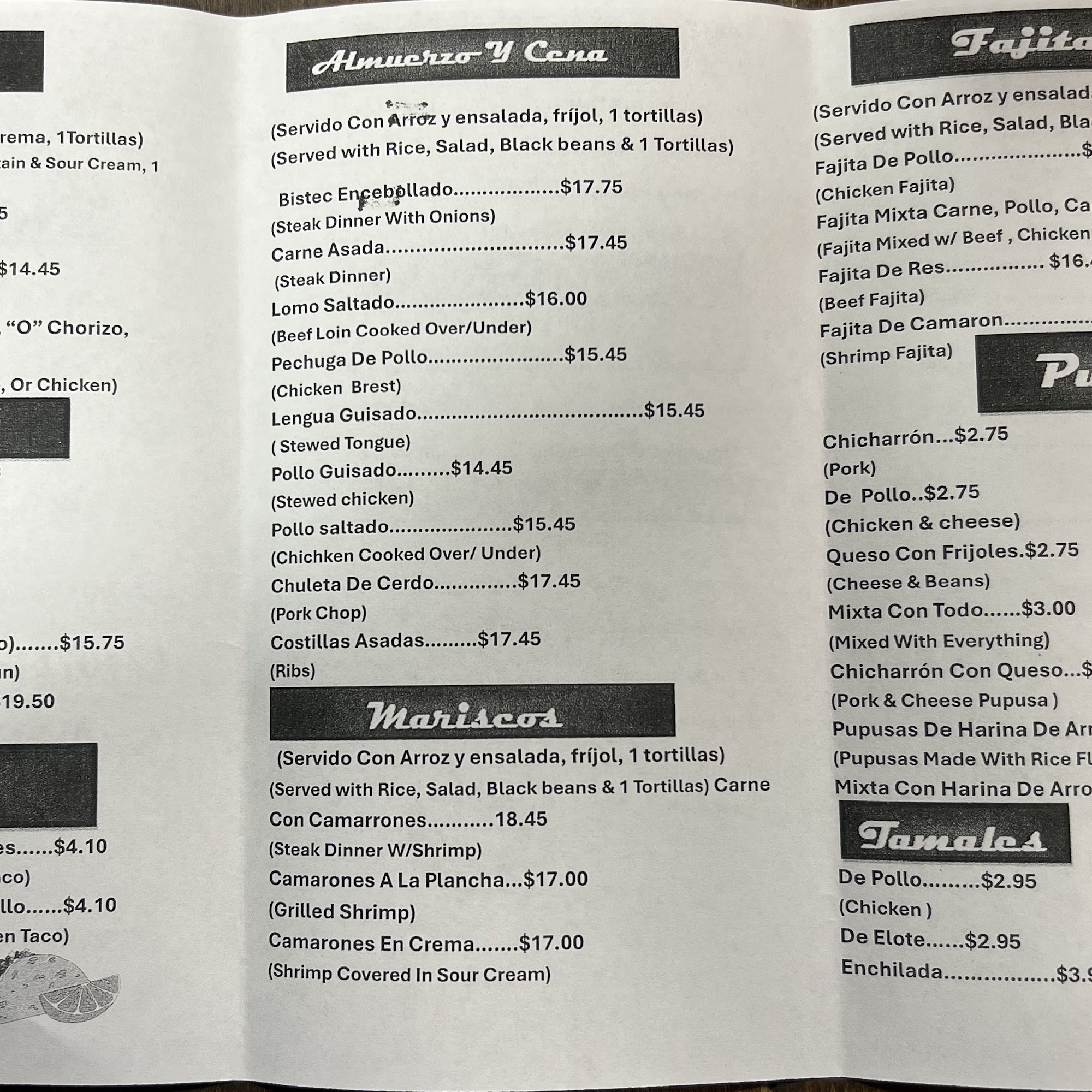 Irenes Pupusas Menu