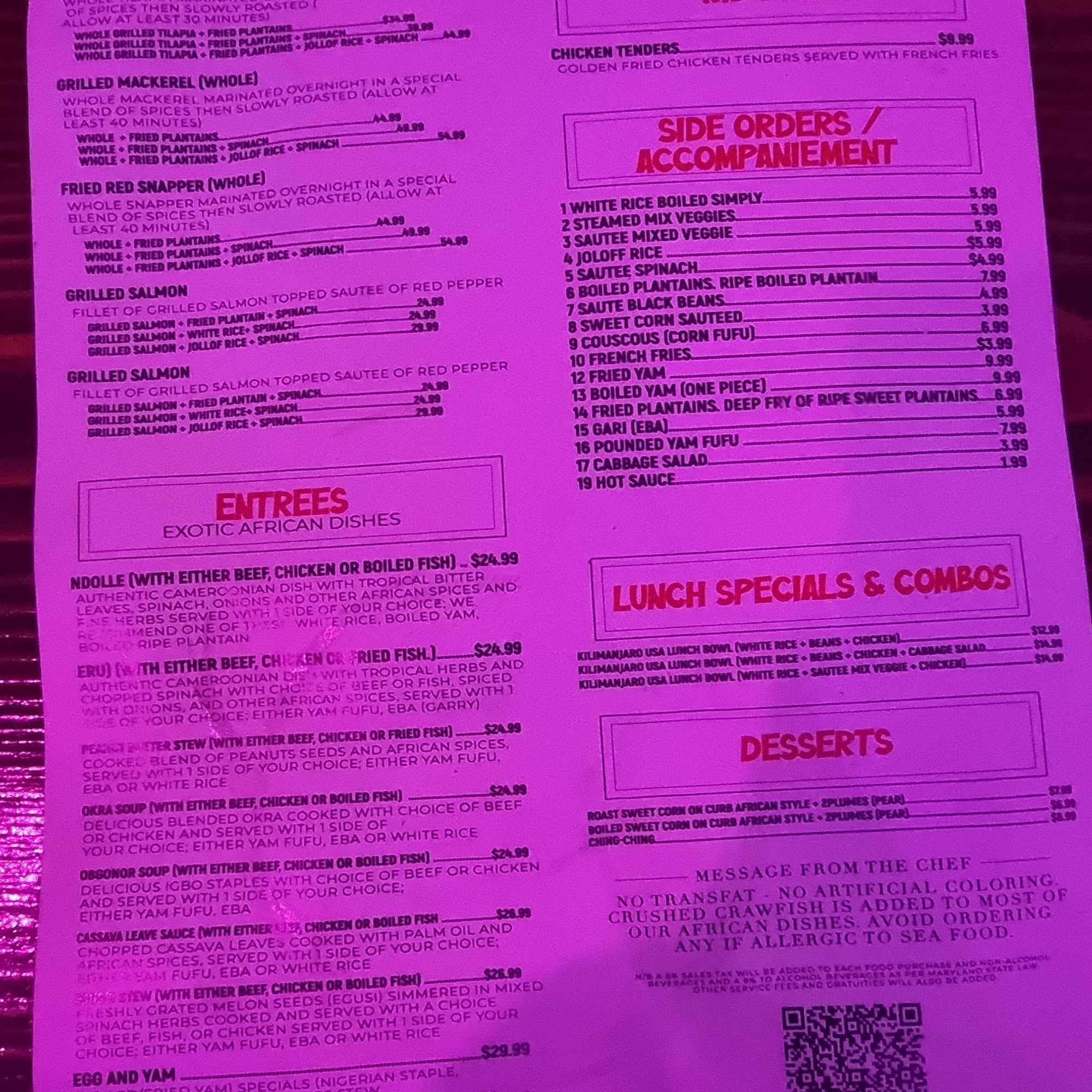 Kilimanjaro USA Menu