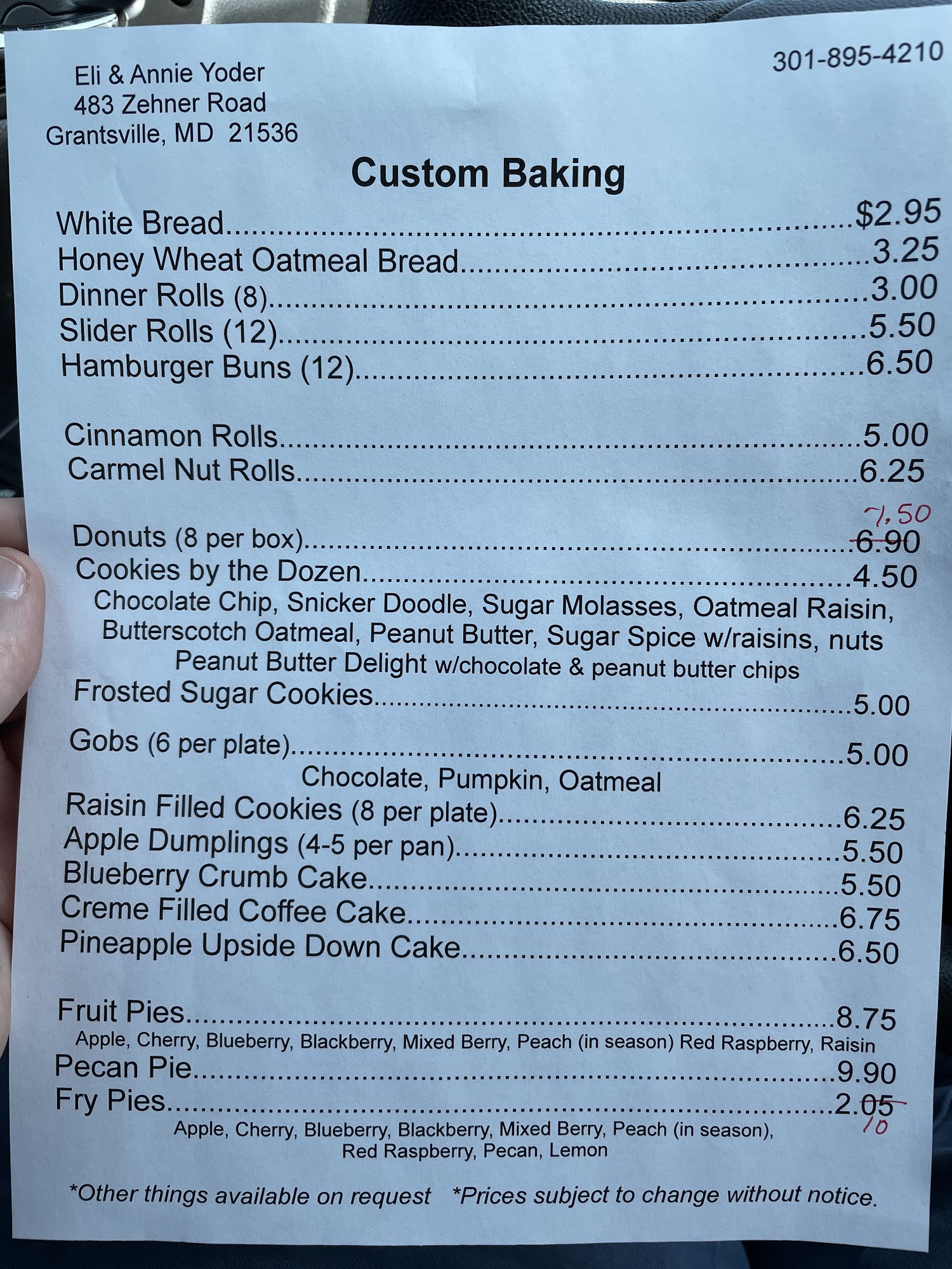 Eli & Annie's Bakery Menu