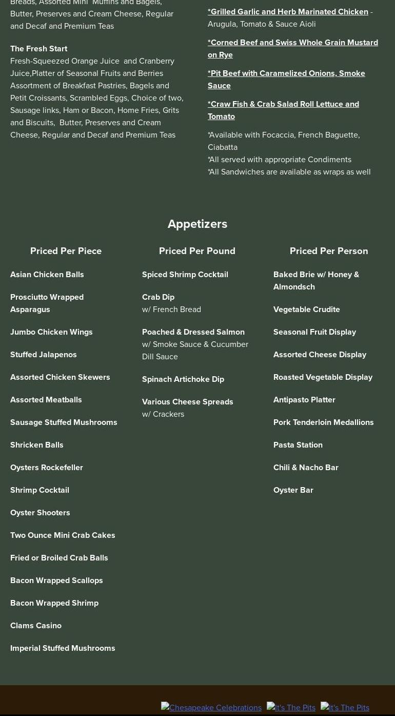 Chesapeake Celebrations Menu
