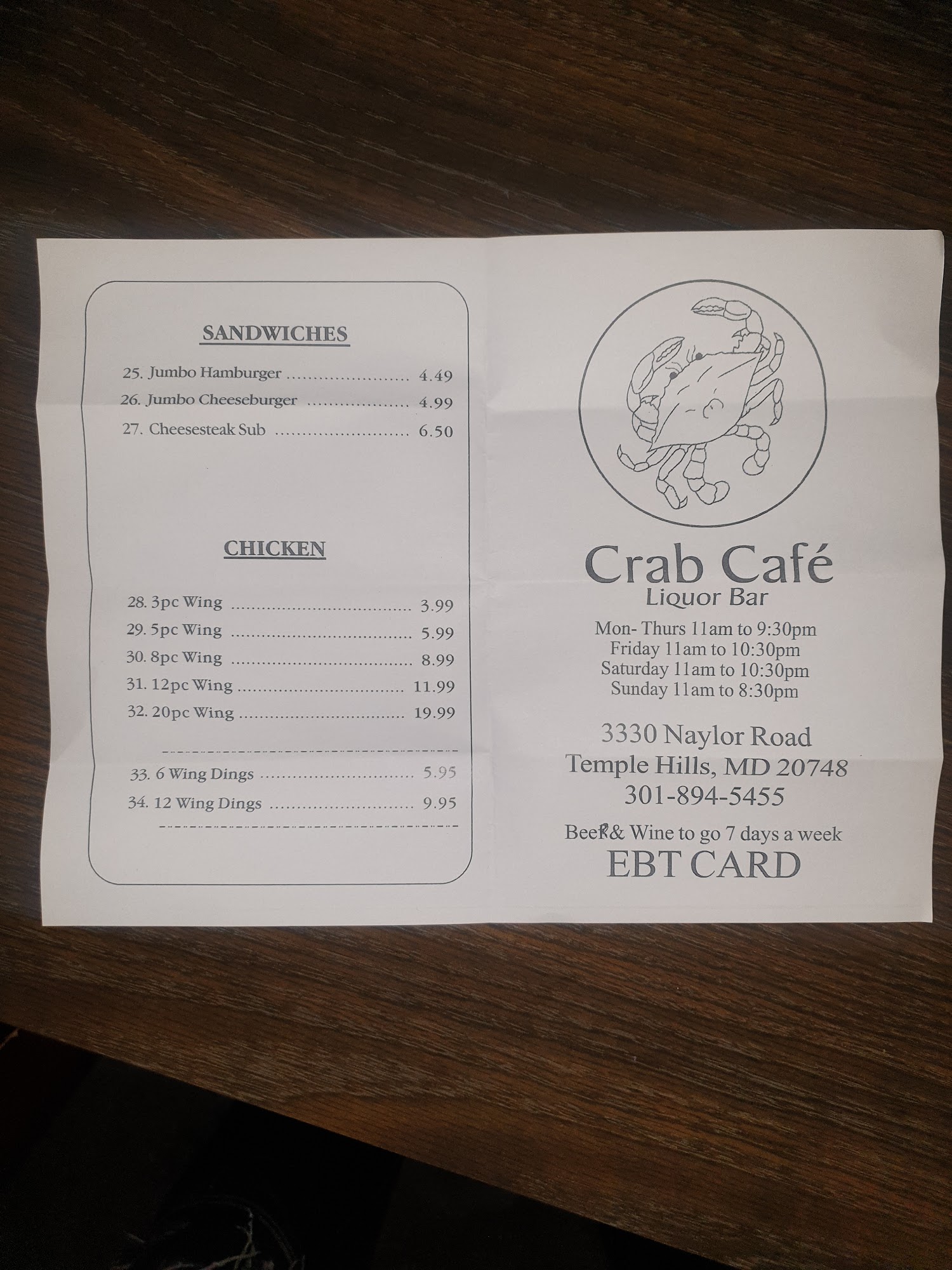 L & V Crab Cafe Menu