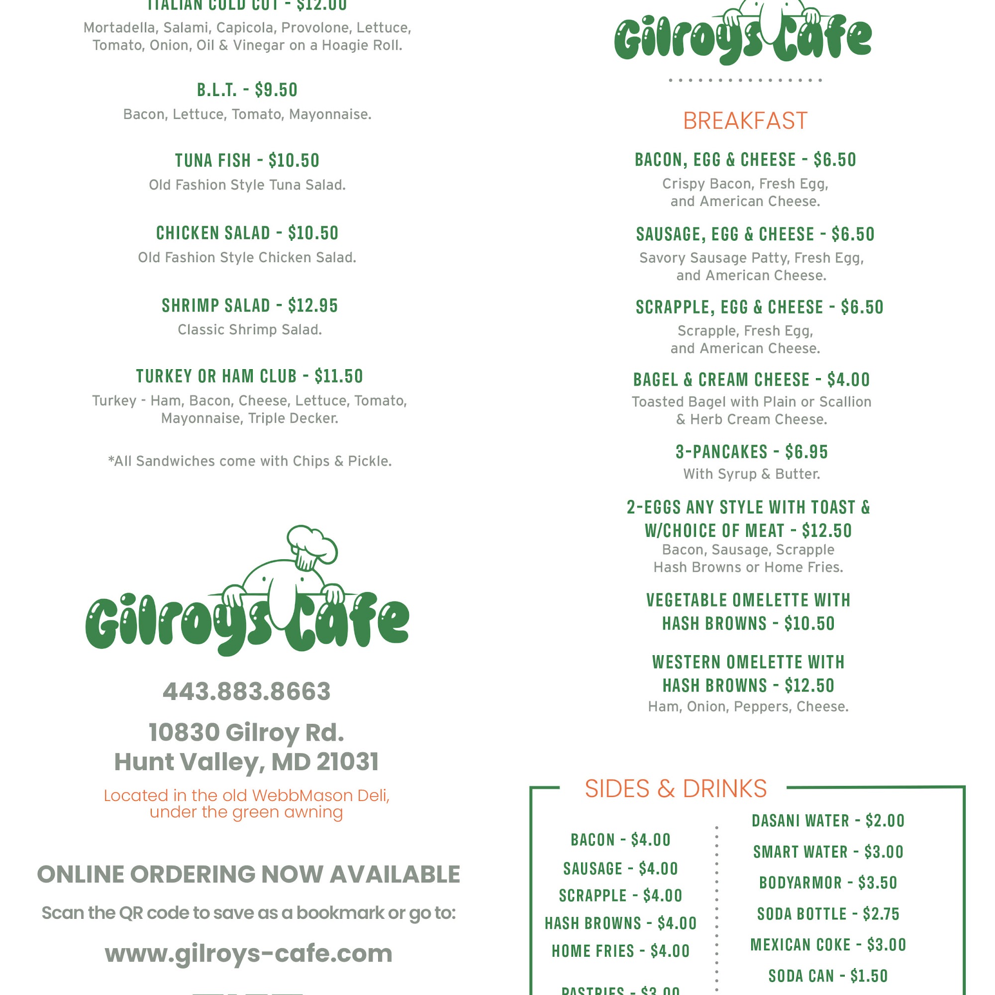 Gilroys Cafe Menu