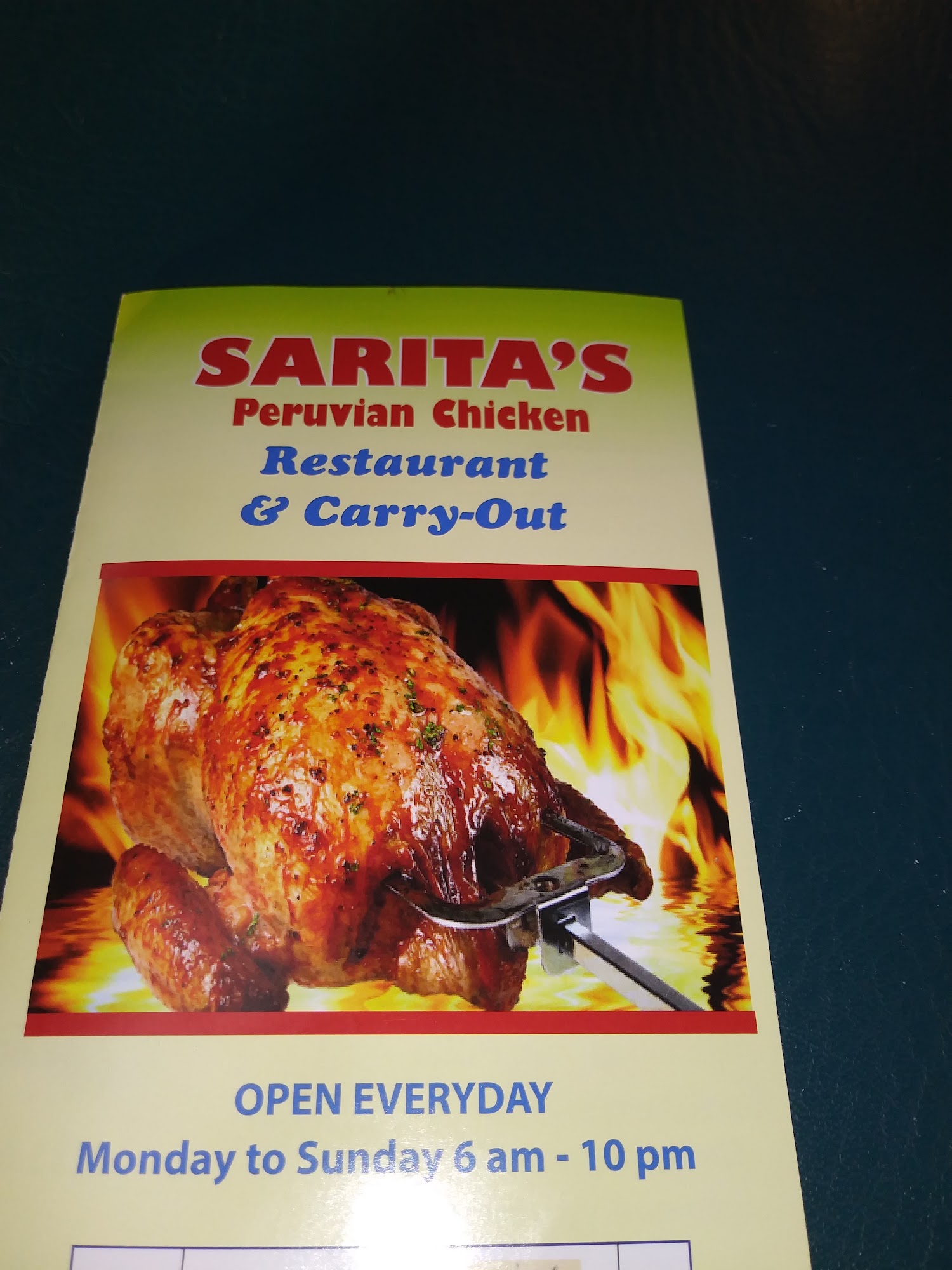 Saritas Chicken Restaurant Menu