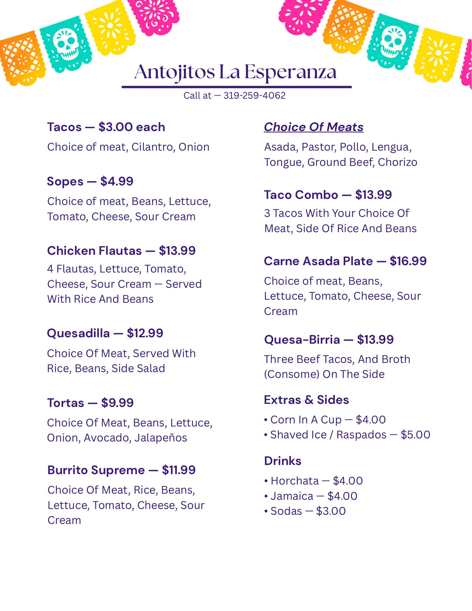 Antojitos la Esperanza Menu