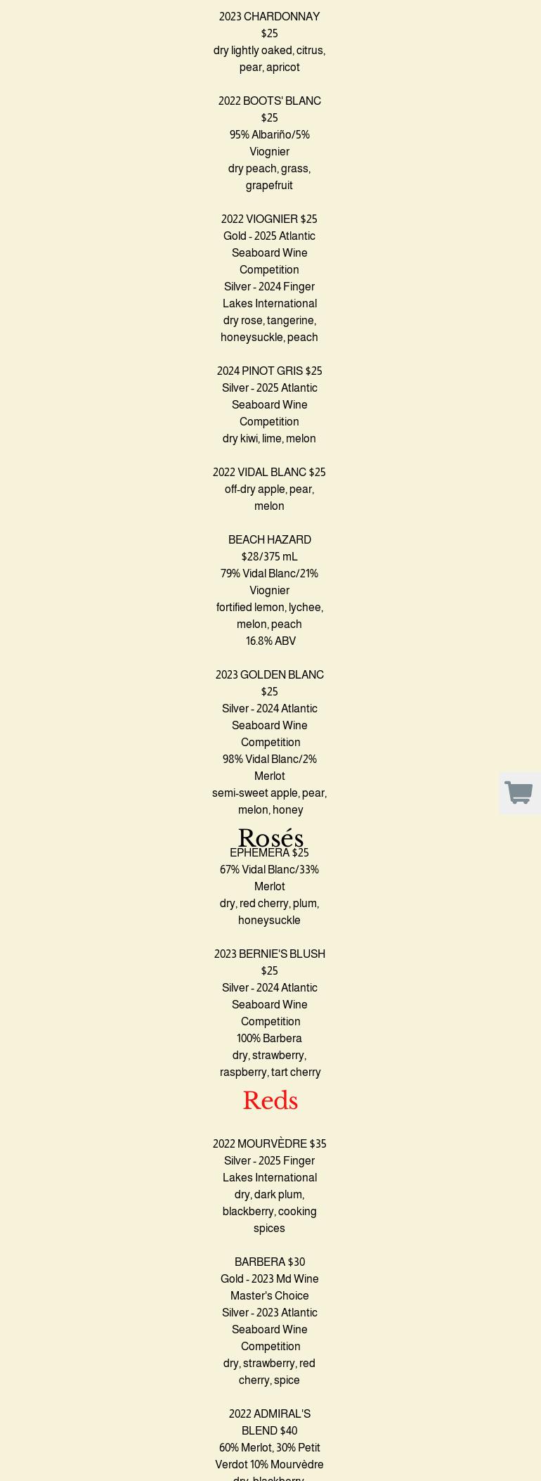 Corteau Vineyards Menu