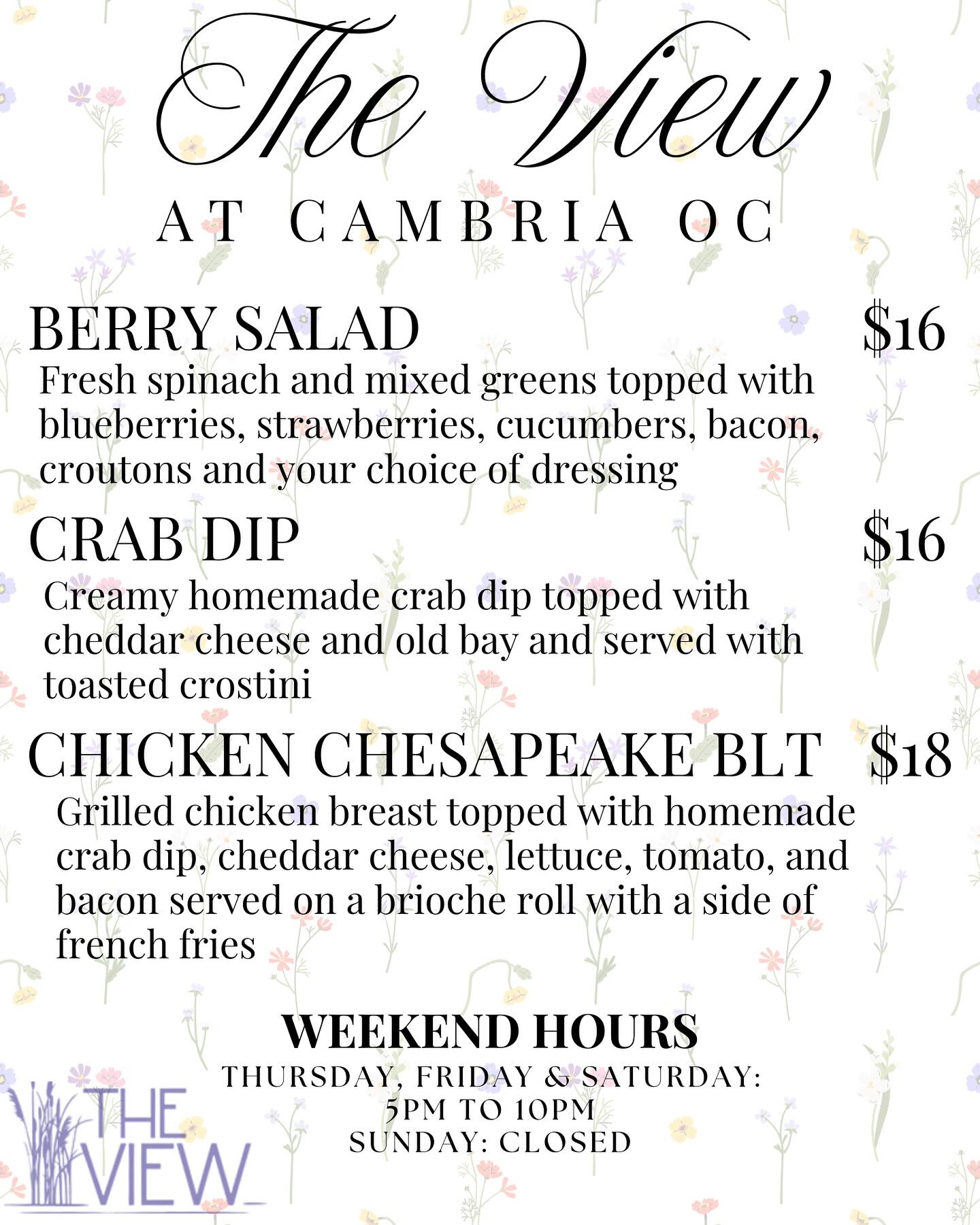 The View Cambria Restaurant & Bar Menu