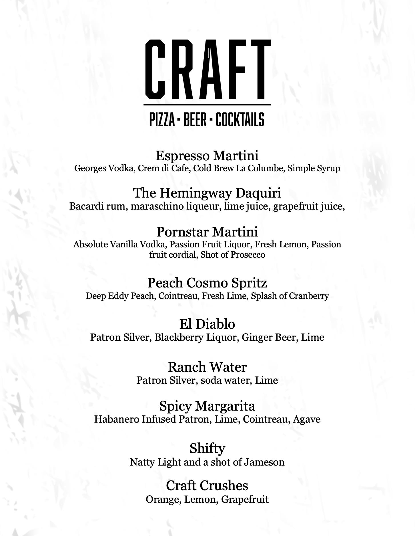 CRAFT Bar Menu