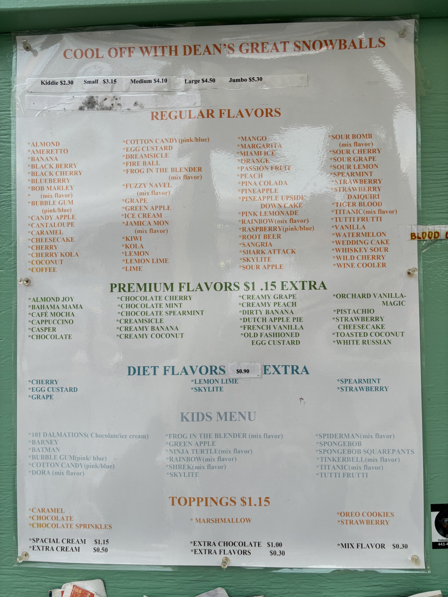 Dean's Shaved Ice Menu