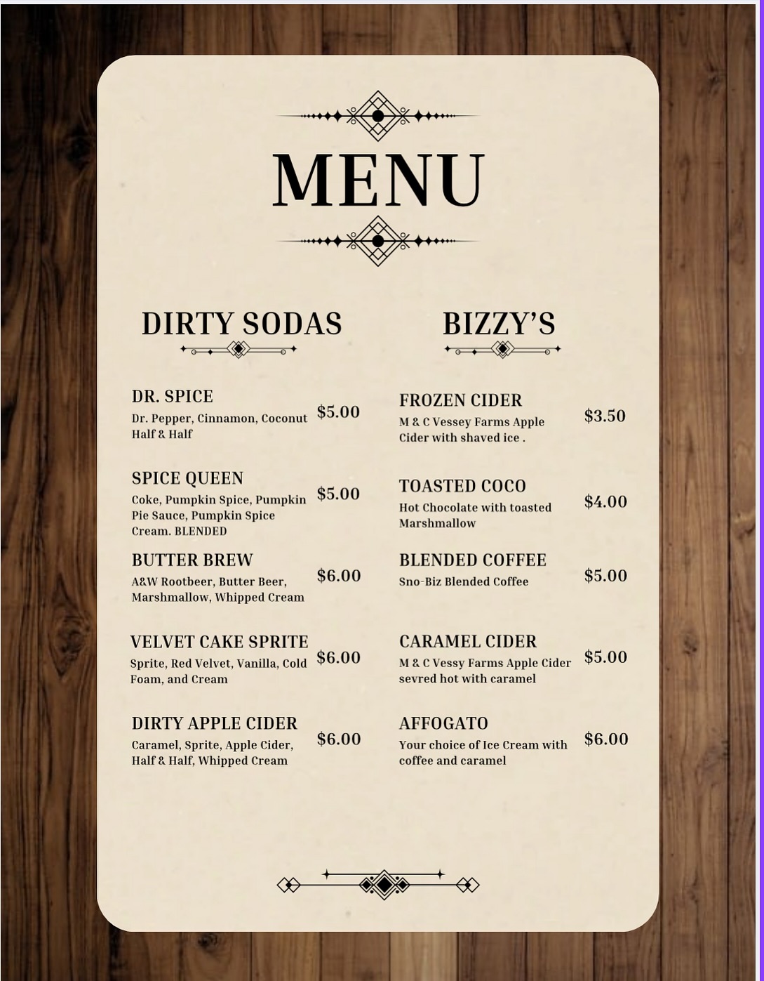 Sno Biz Menu