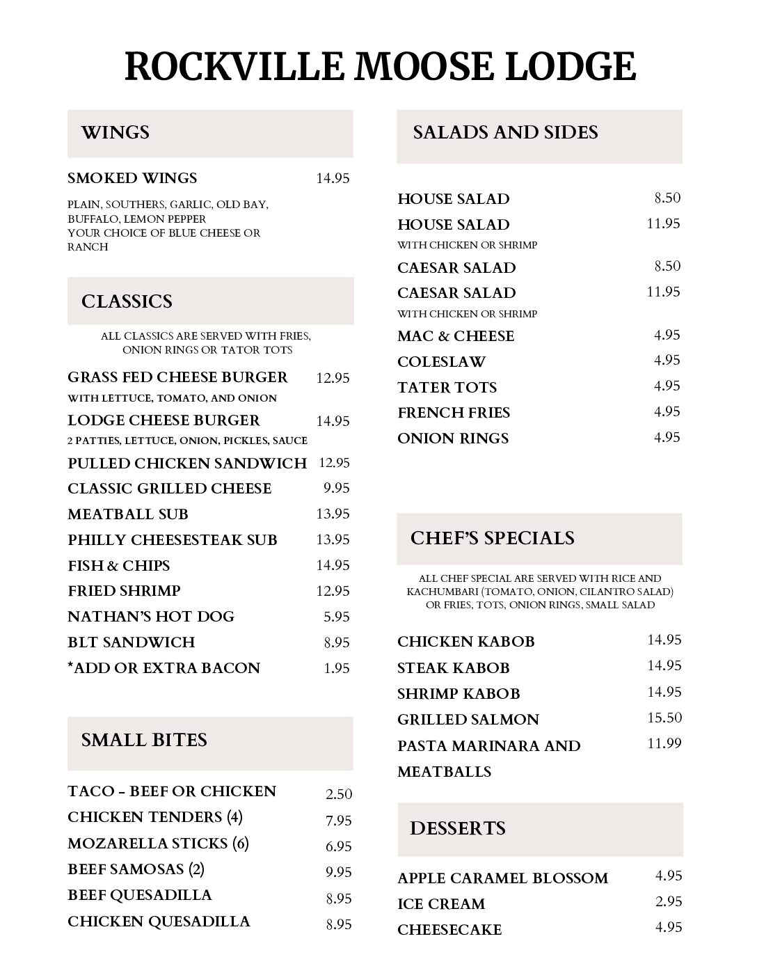 Rockville Moose Lodge Menu