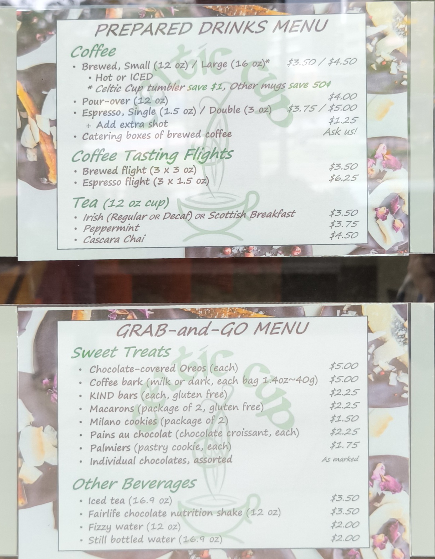 Celtic Cup Coffee Roasting Menu