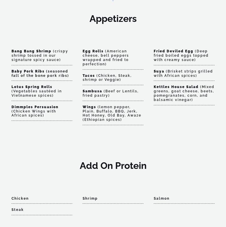 Dimmples Kettles Menu