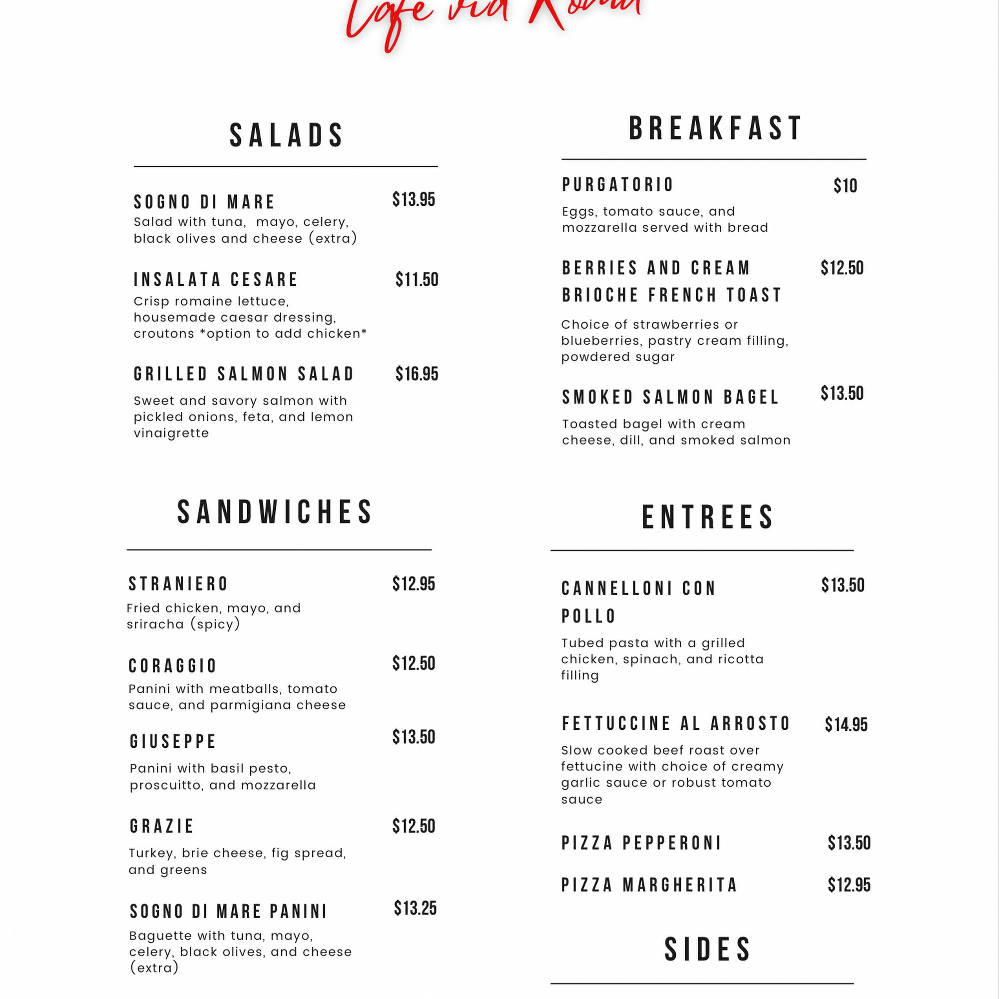 Café via Roma Menu
