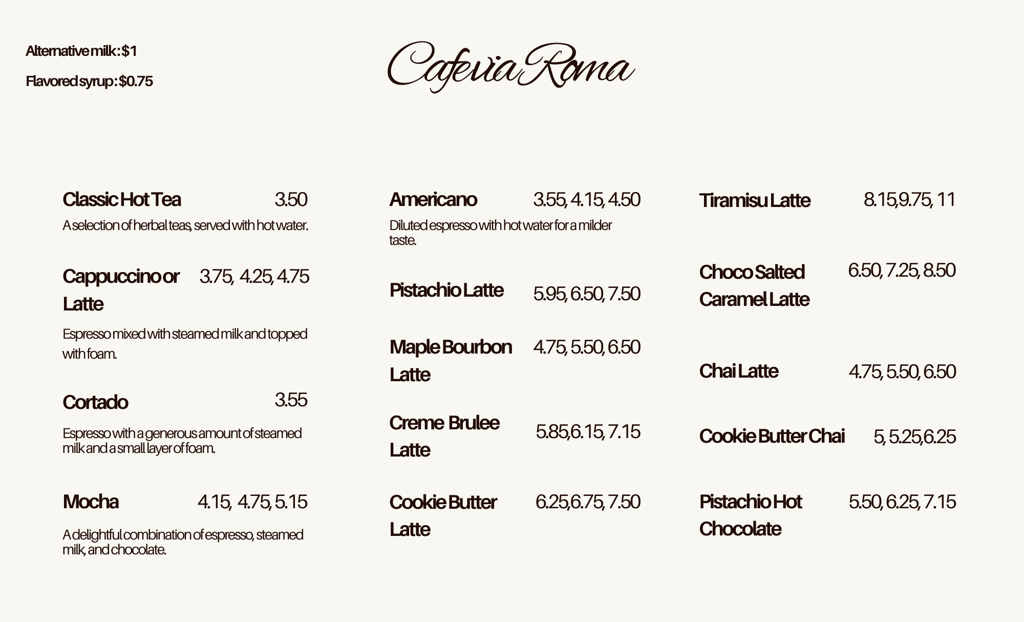 Café via Roma Menu