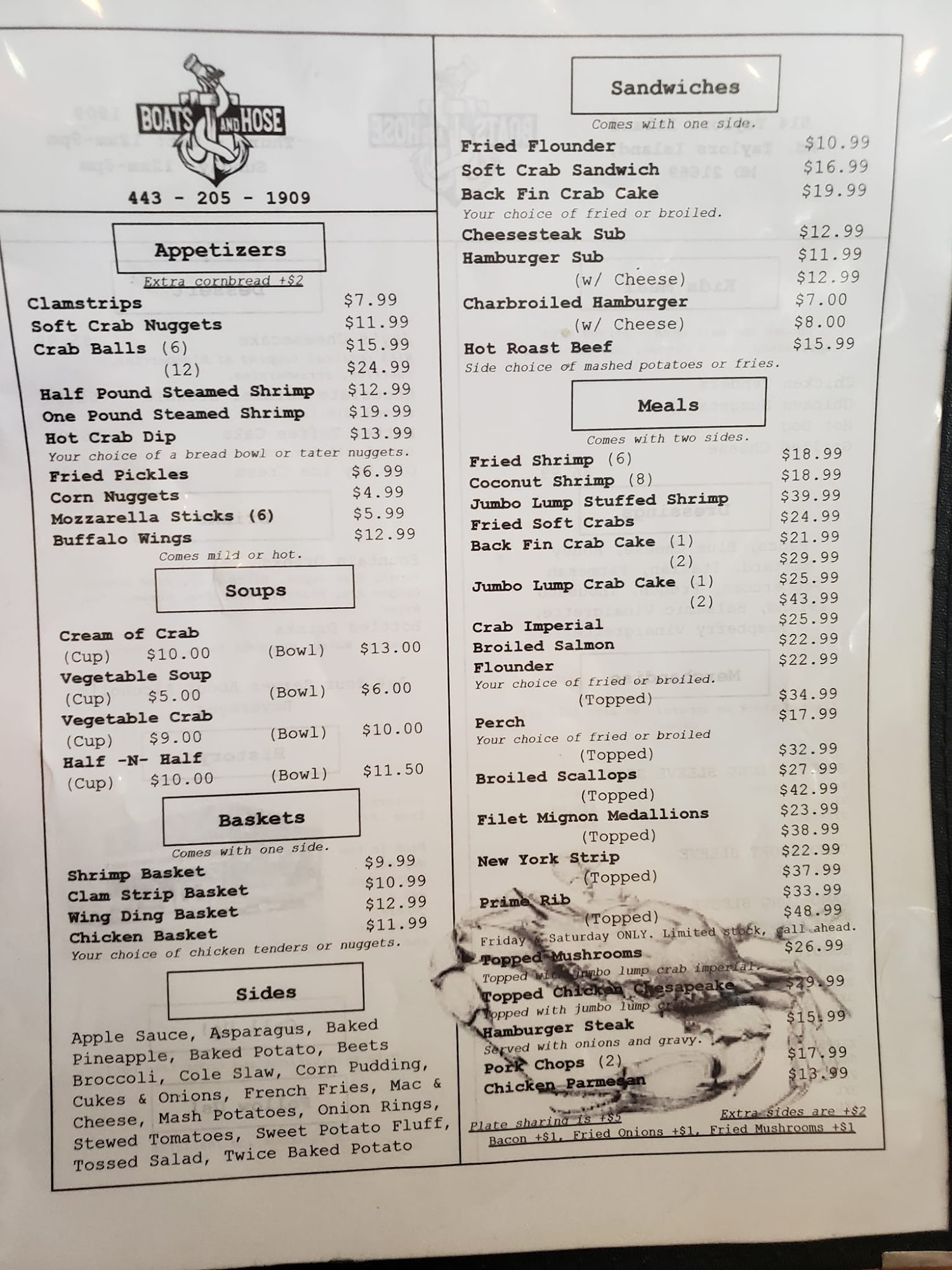 Boats & Hose at Chapel Cove Menu