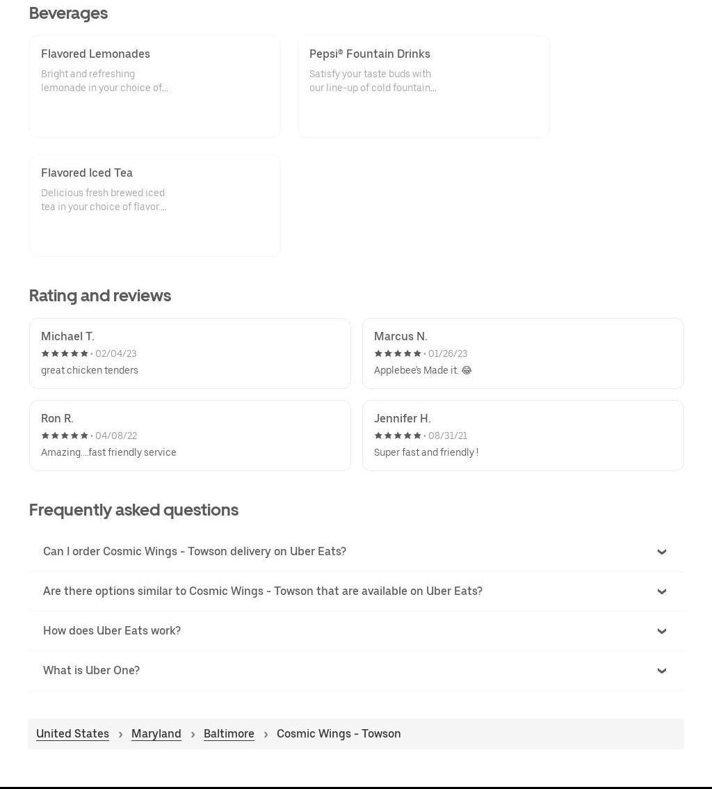 Cosmic Wings - Towson Menu