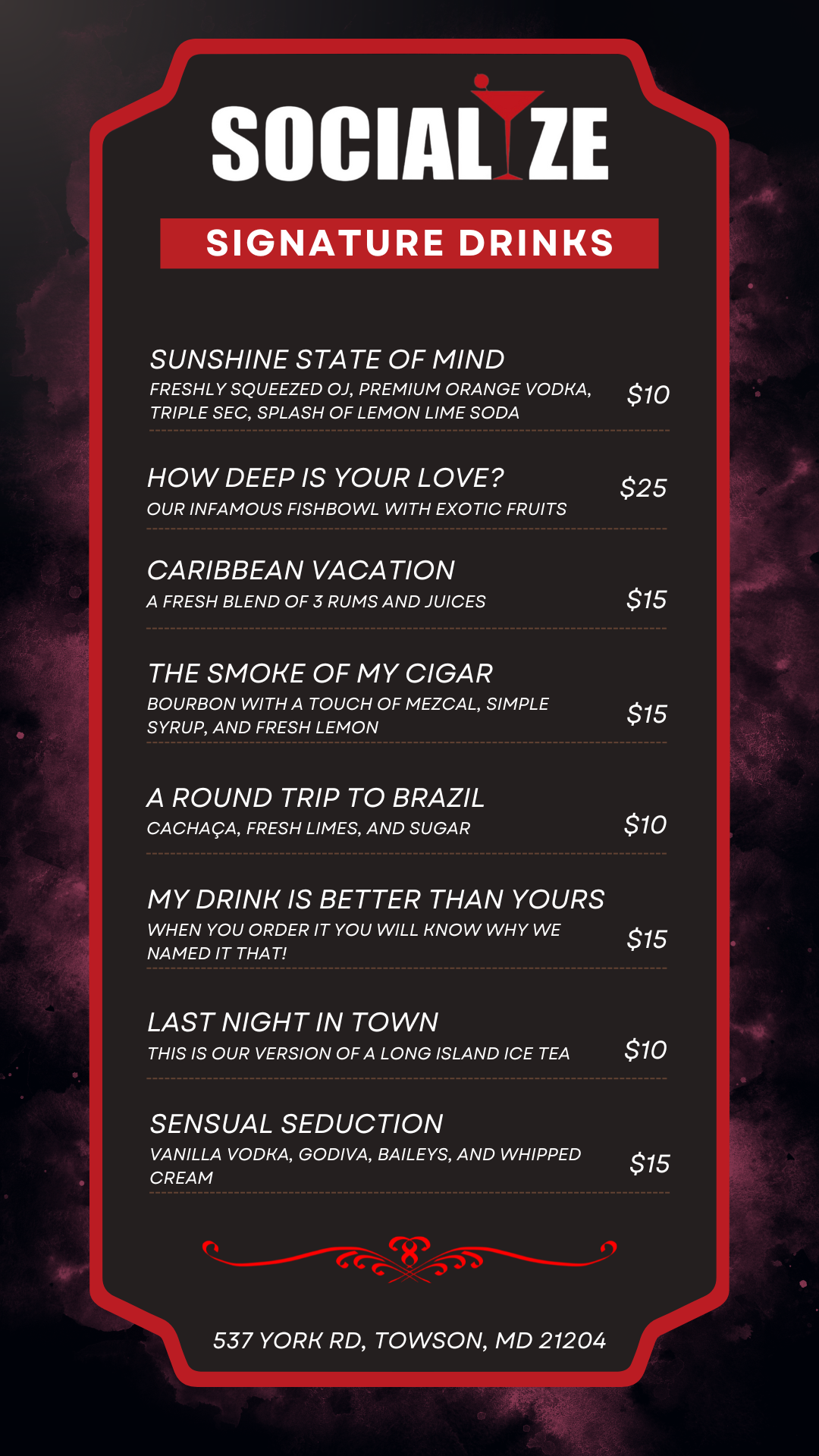 Socialize Towson - World of Wine Menu