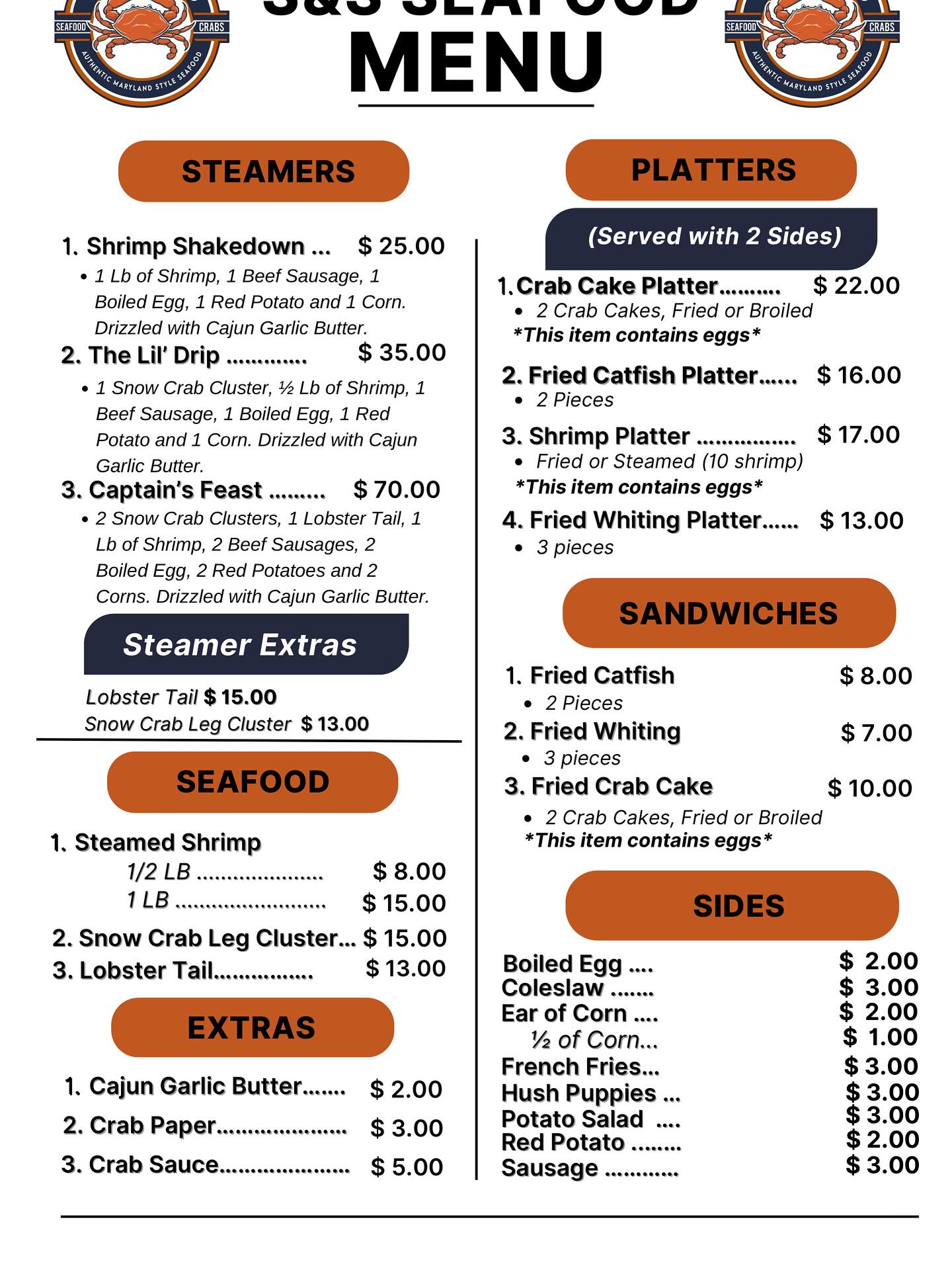Stevie's Seafood LLC Menu