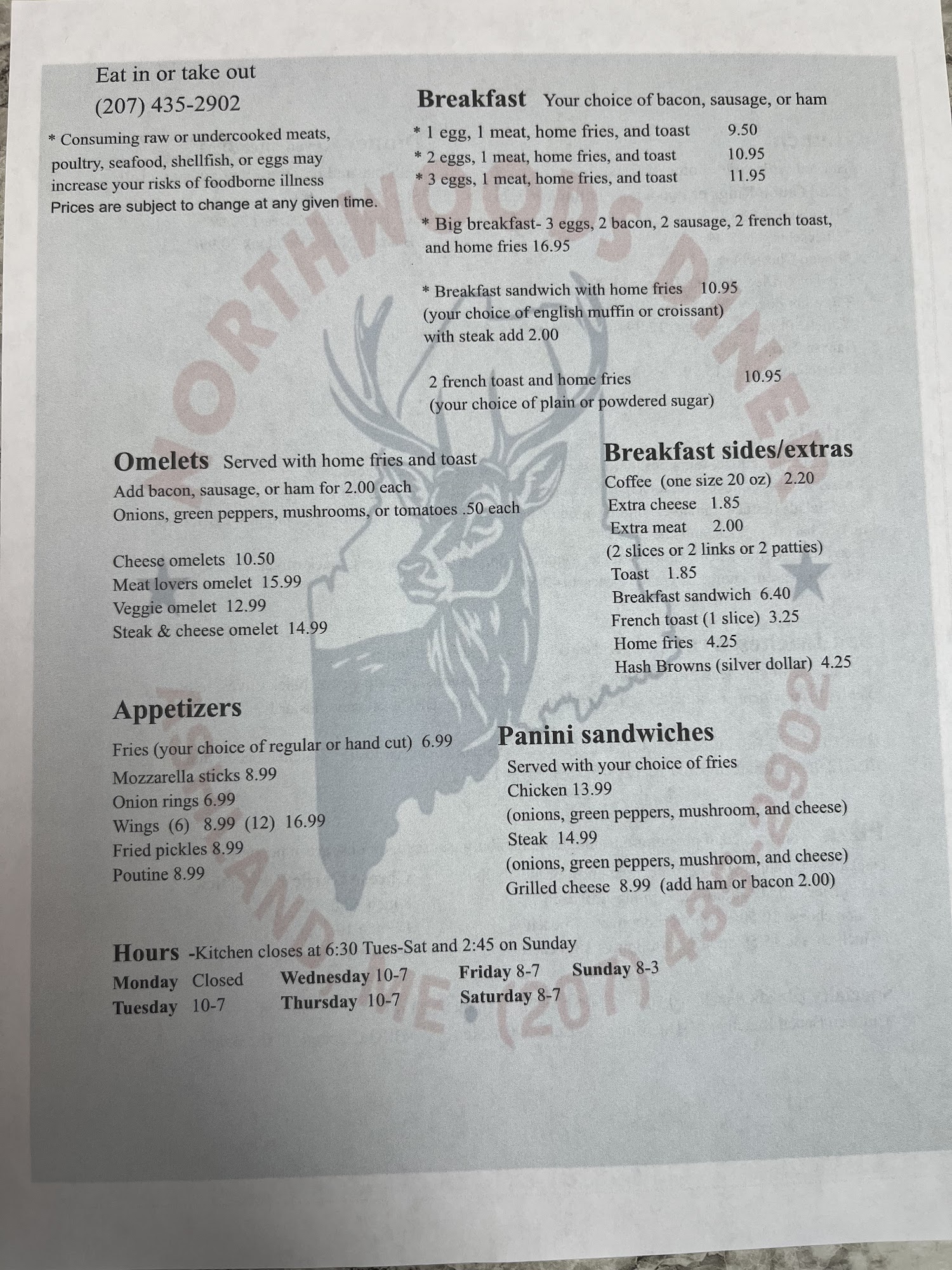 Northwoods Diner Menu