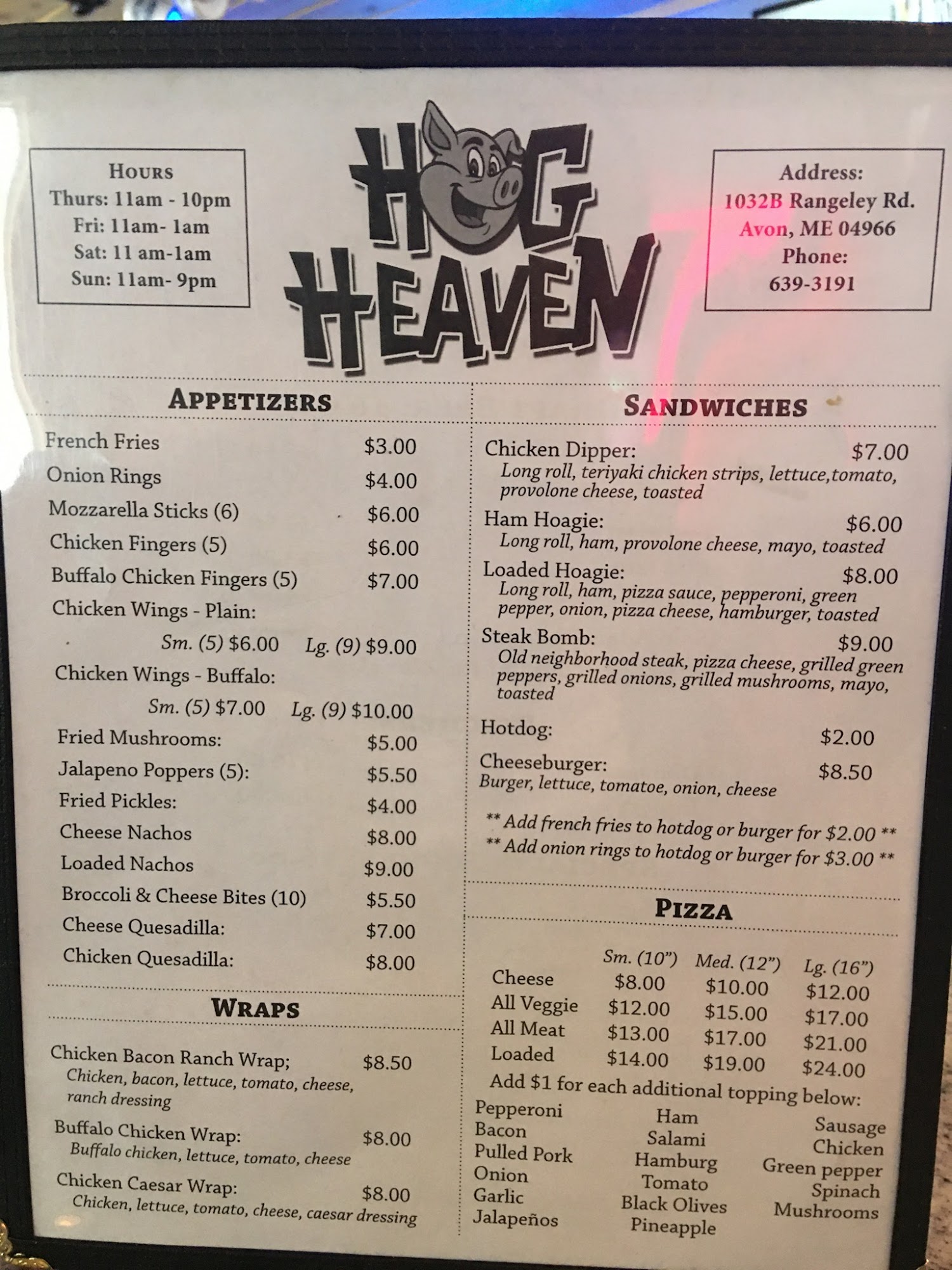 Hog Heaven Bar & Grill Menu