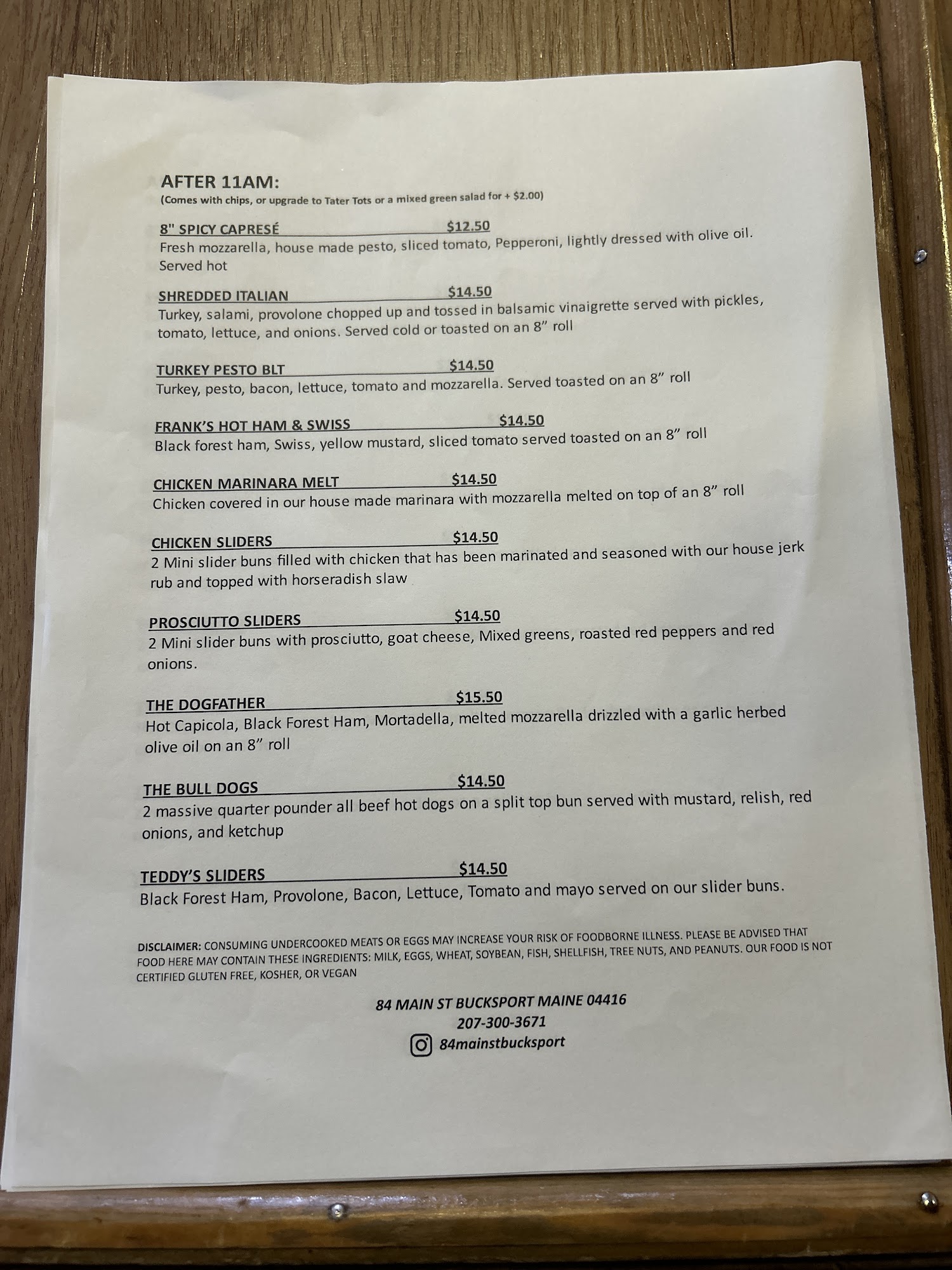 My Buddy's Place Menu