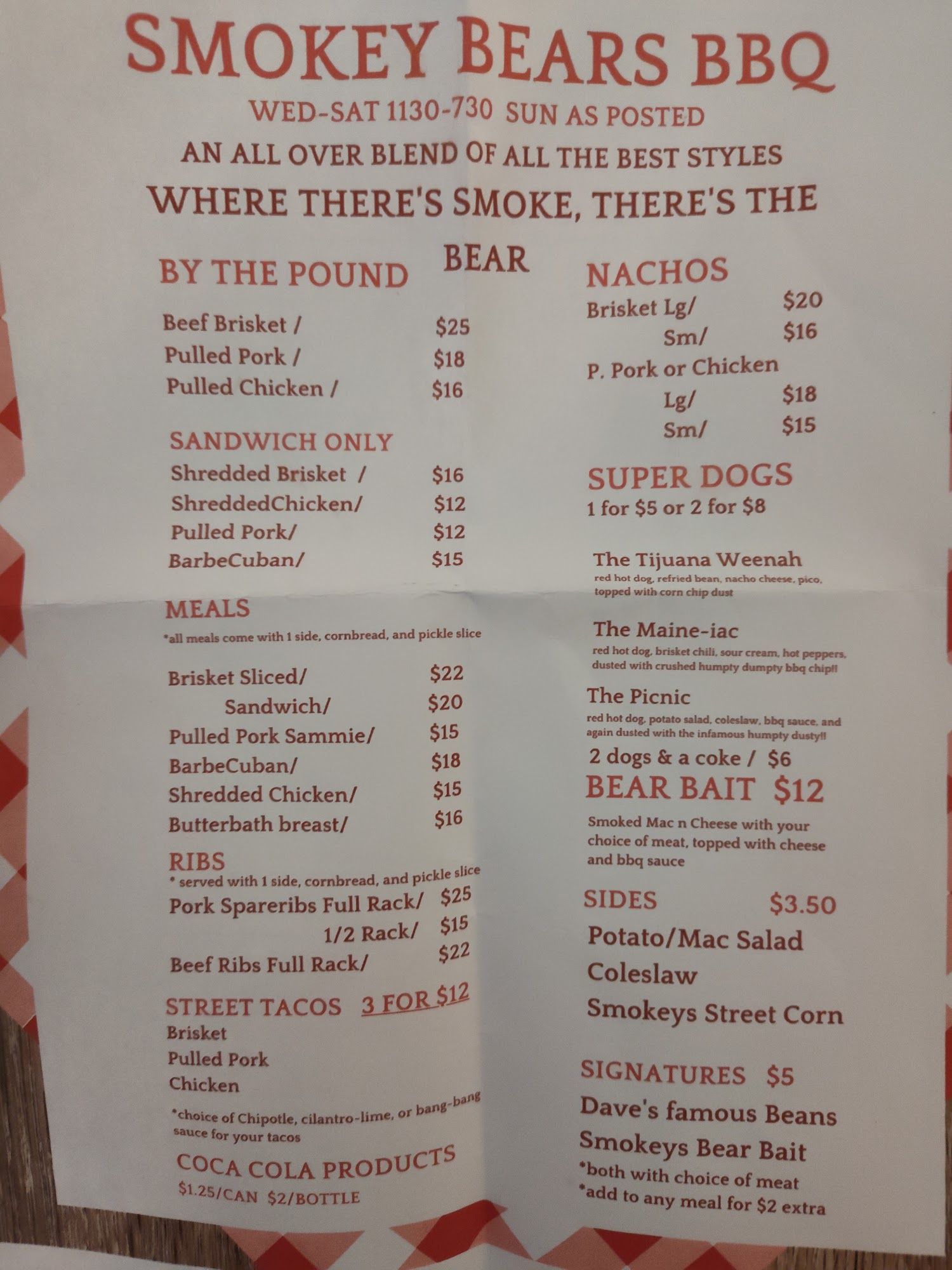 Smokey Bears BBQ Menu