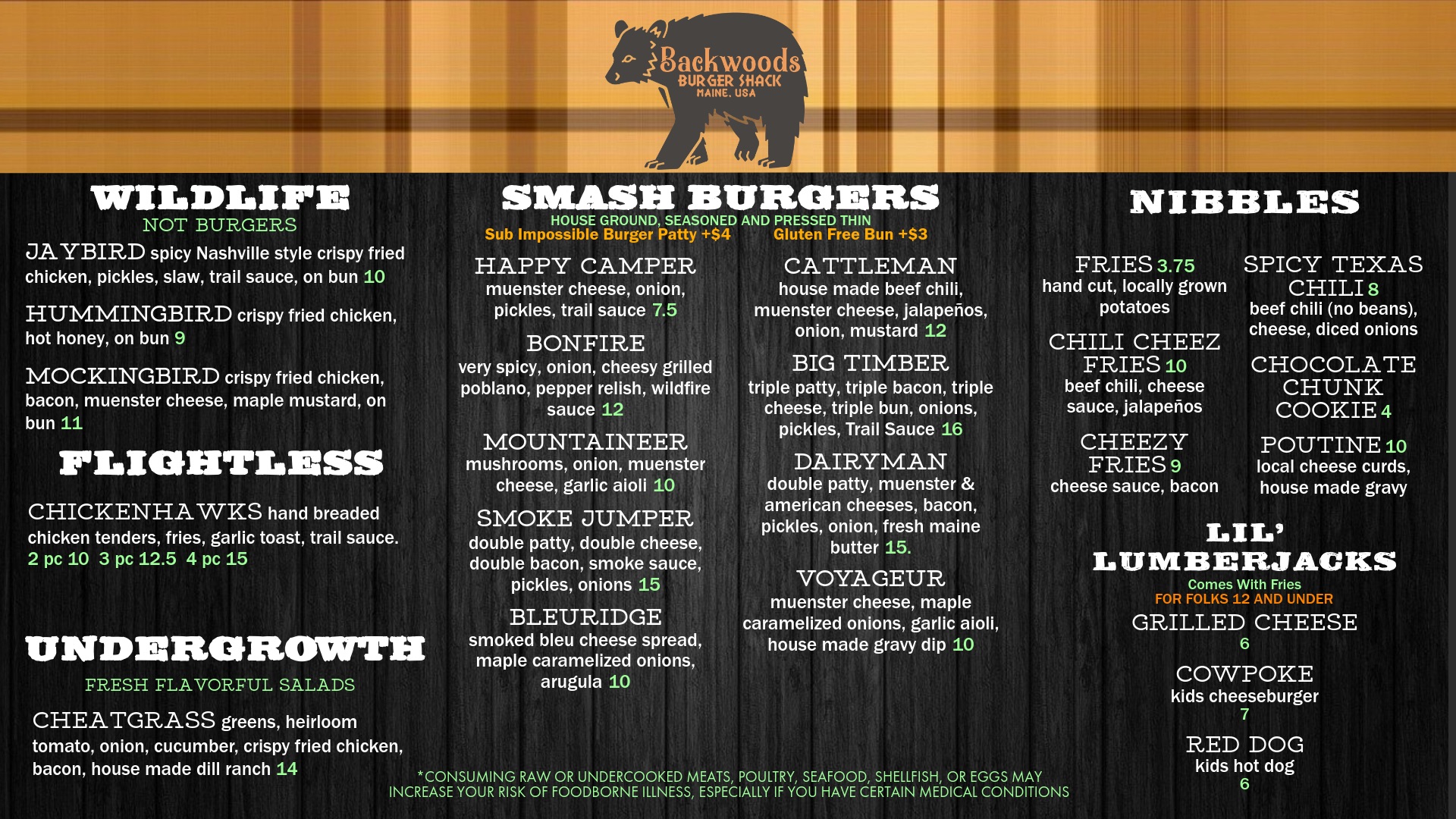 Backwoods Burger Shack Menu