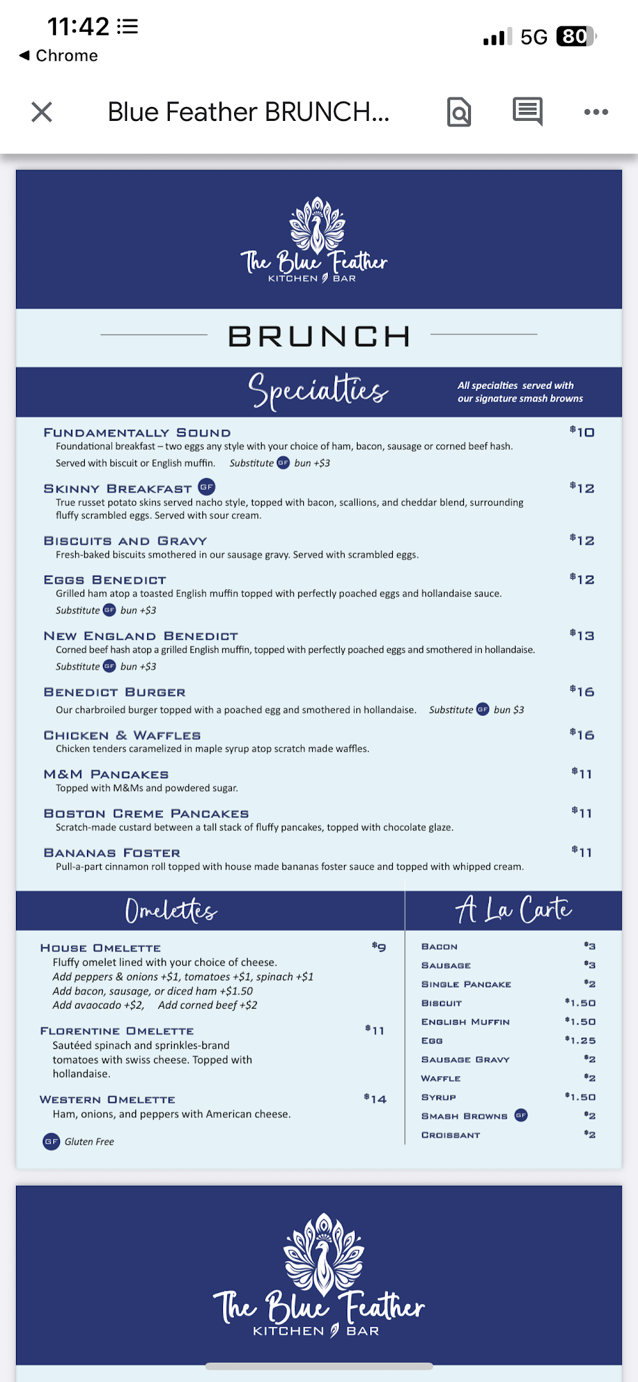 The Blue Feather Kitchen + bar Menu